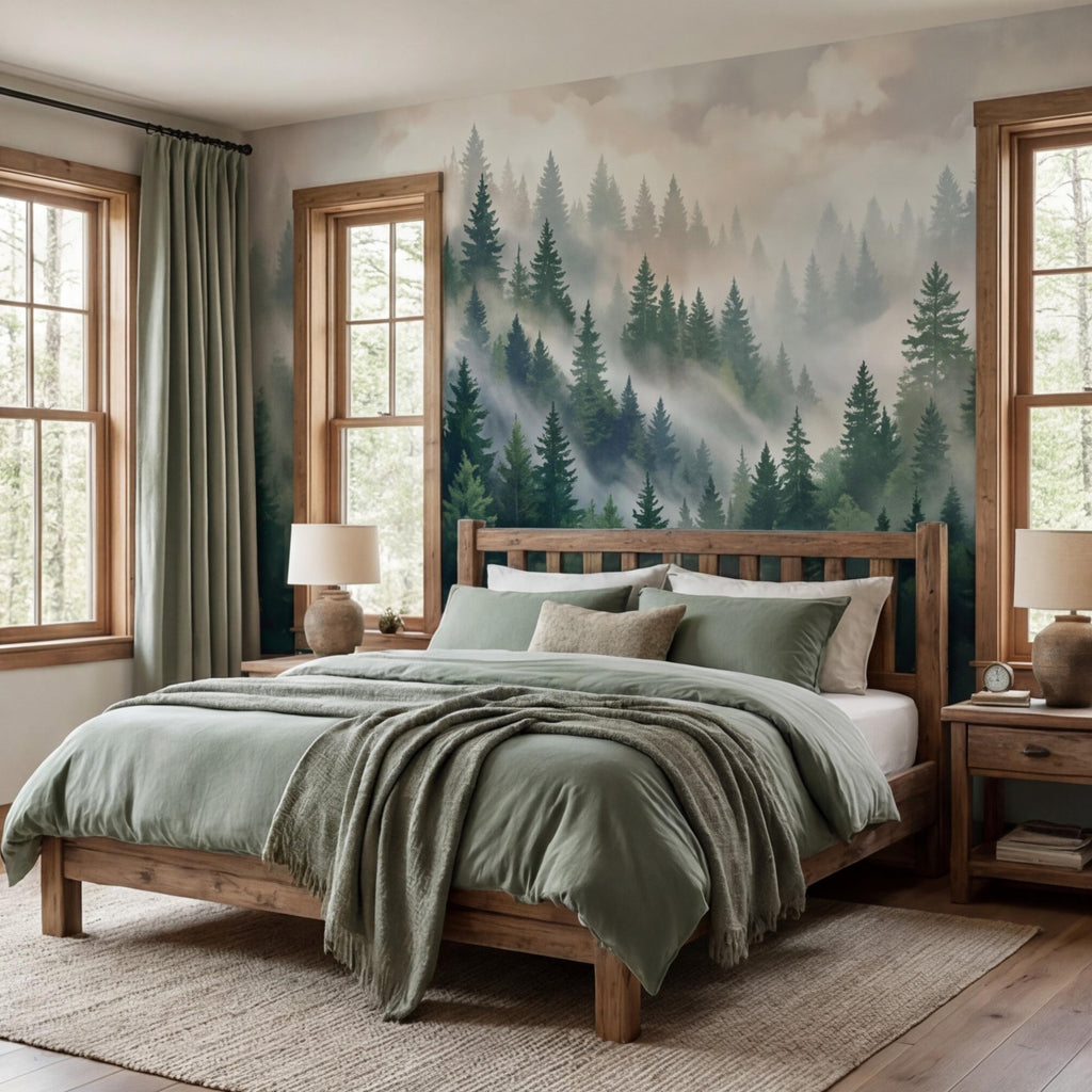 Misty Pine Forest Painting Peel and Stick Wall Mural, Green Mountain Trees Nature Removable Wallpaper Bedroom & Living Room