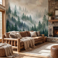 Misty Pine Forest Painting Peel and Stick Wall Mural, Green Mountain Trees Nature Removable Wallpaper Bedroom & Living Room
