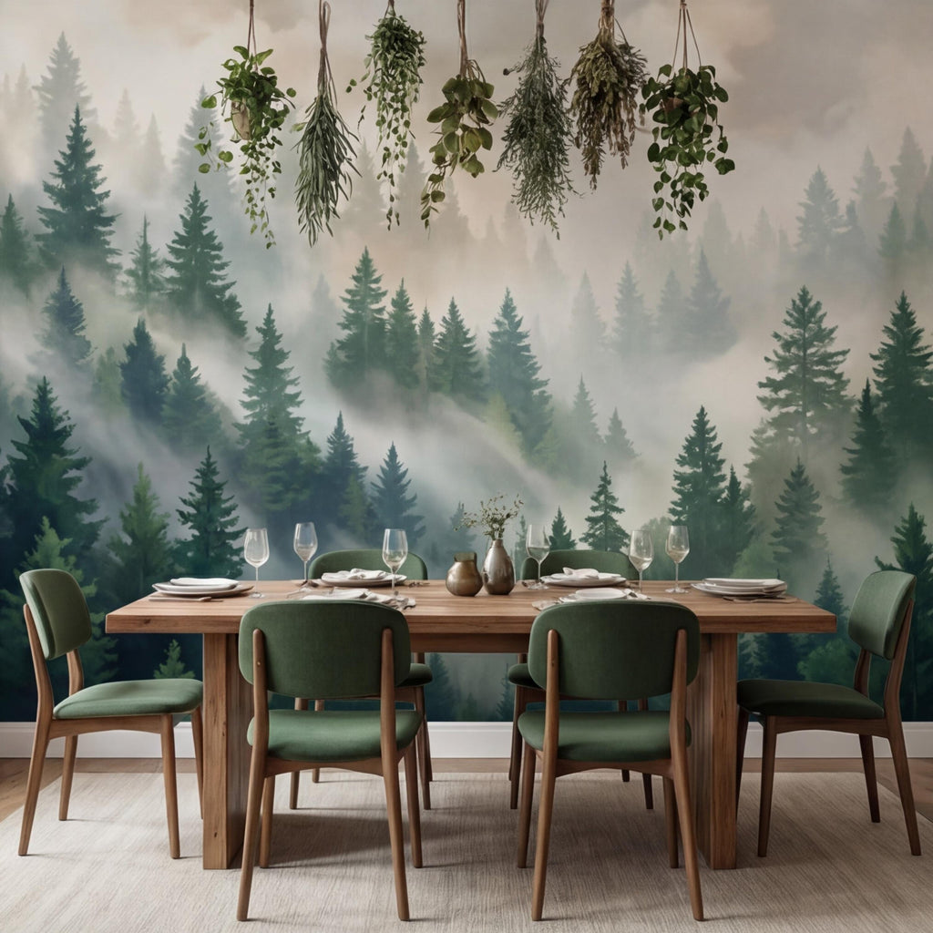 Misty Pine Forest Painting Peel and Stick Wall Mural, Green Mountain Trees Nature Removable Wallpaper Bedroom & Living Room