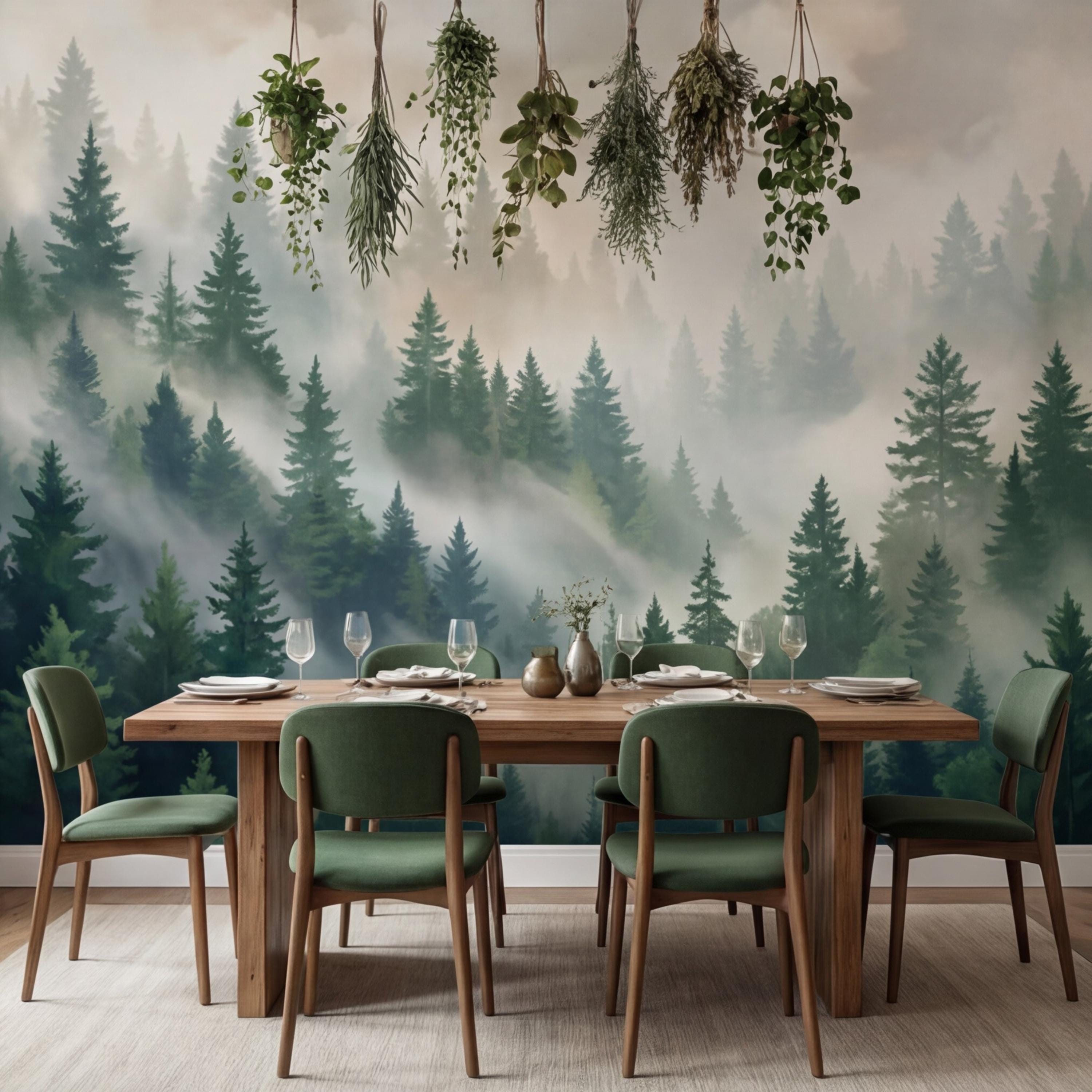Misty Pine Forest Painting Peel and Stick Wall Mural, Green Mountain Trees Nature Removable Wallpaper Bedroom & Living Room