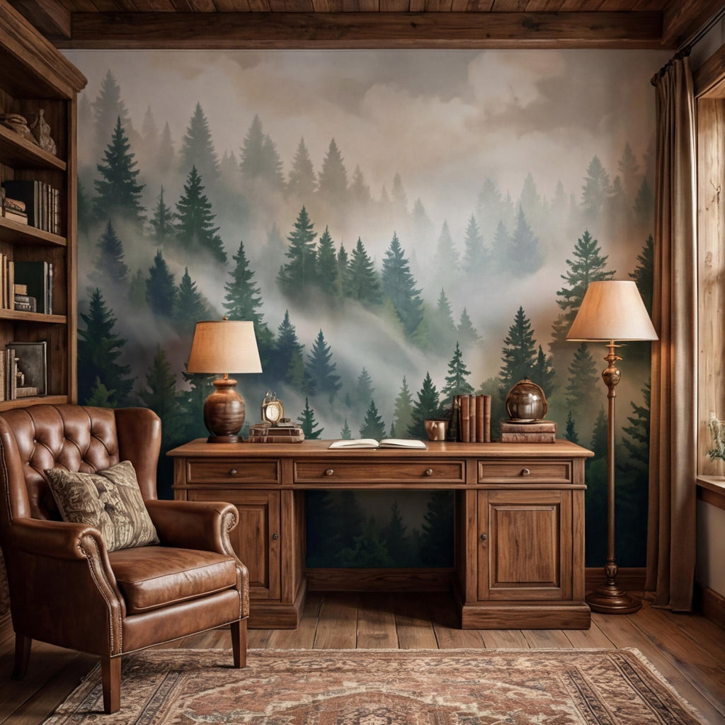 Misty Pine Forest Painting Peel and Stick Wall Mural, Green Mountain Trees Nature Removable Wallpaper Bedroom & Living Room