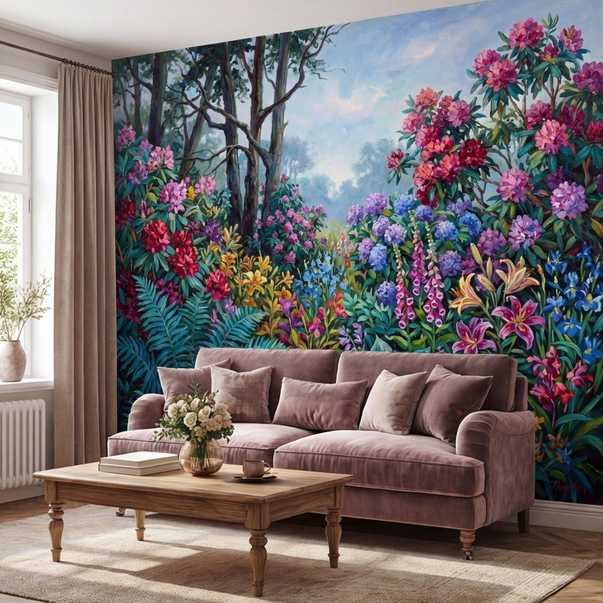 Botanical floral wall mural with vibrant blossoms and fern leaves covering the wall behind sofa.