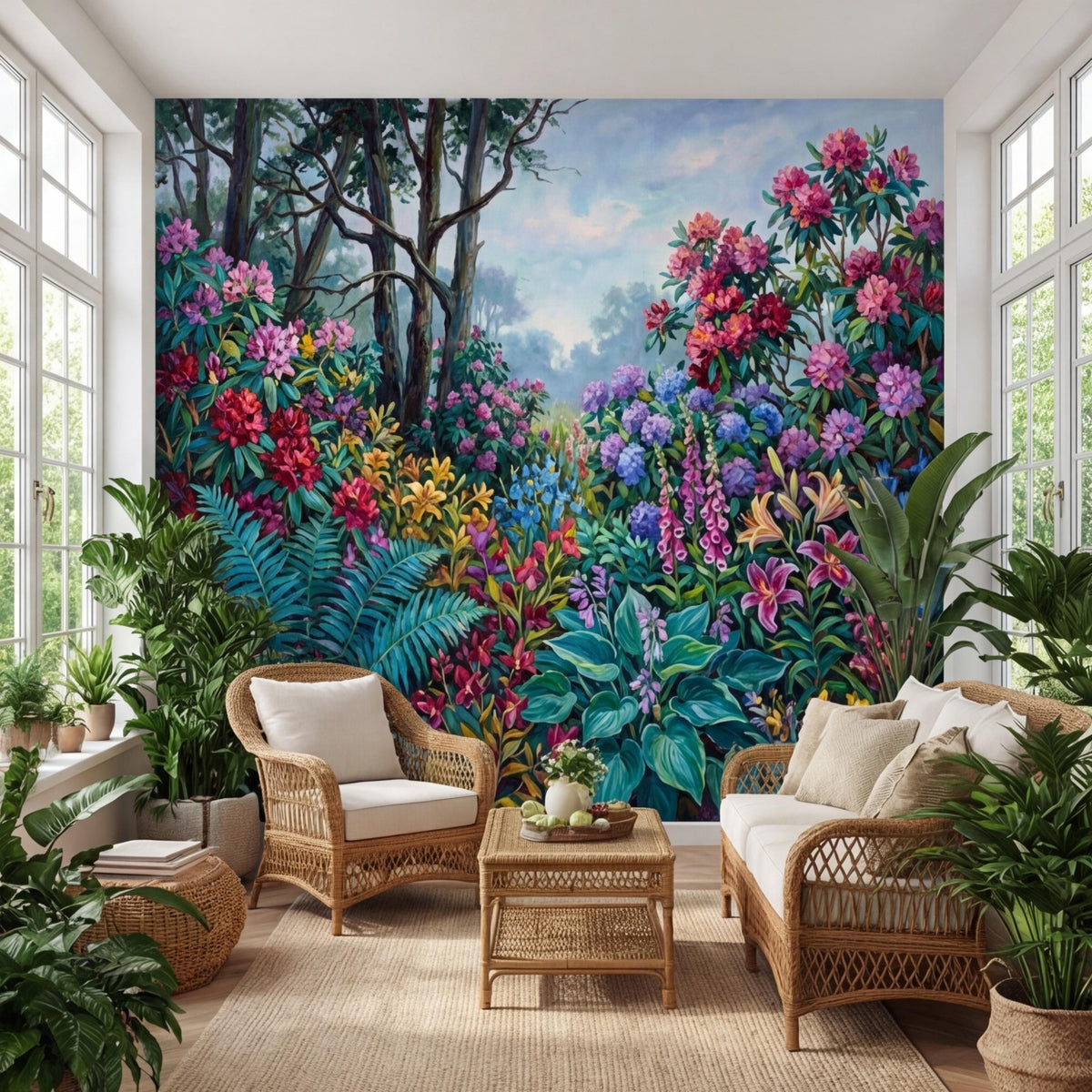 Botanical floral wall mural with layered wildflowers and ferns in vivid pink, purple, teal.