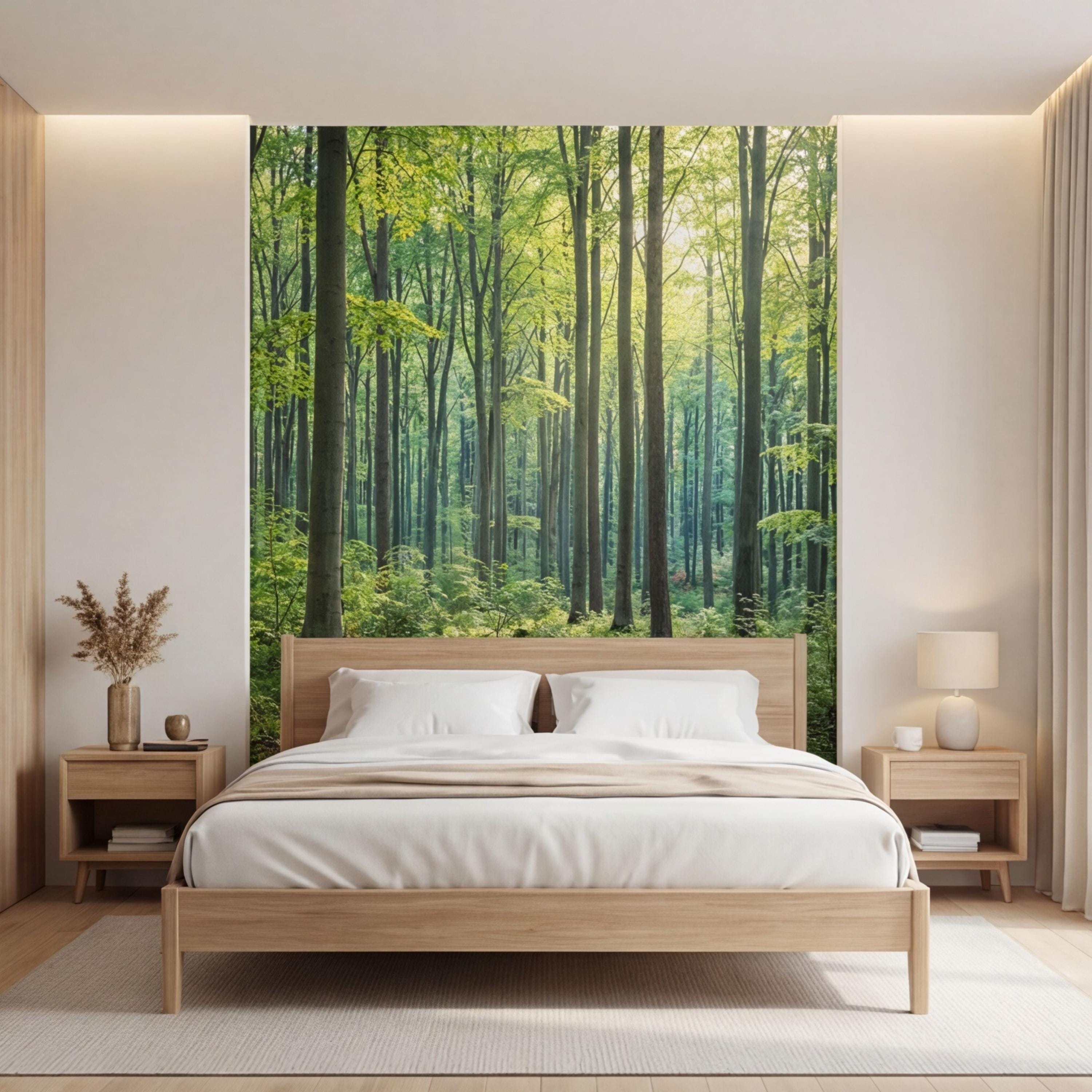 Sunlit Green Forest Peel and Stick Wall Mural, Woodland Trees Nature Wallpaper, Bedroom Living Room Accent Wall Decor