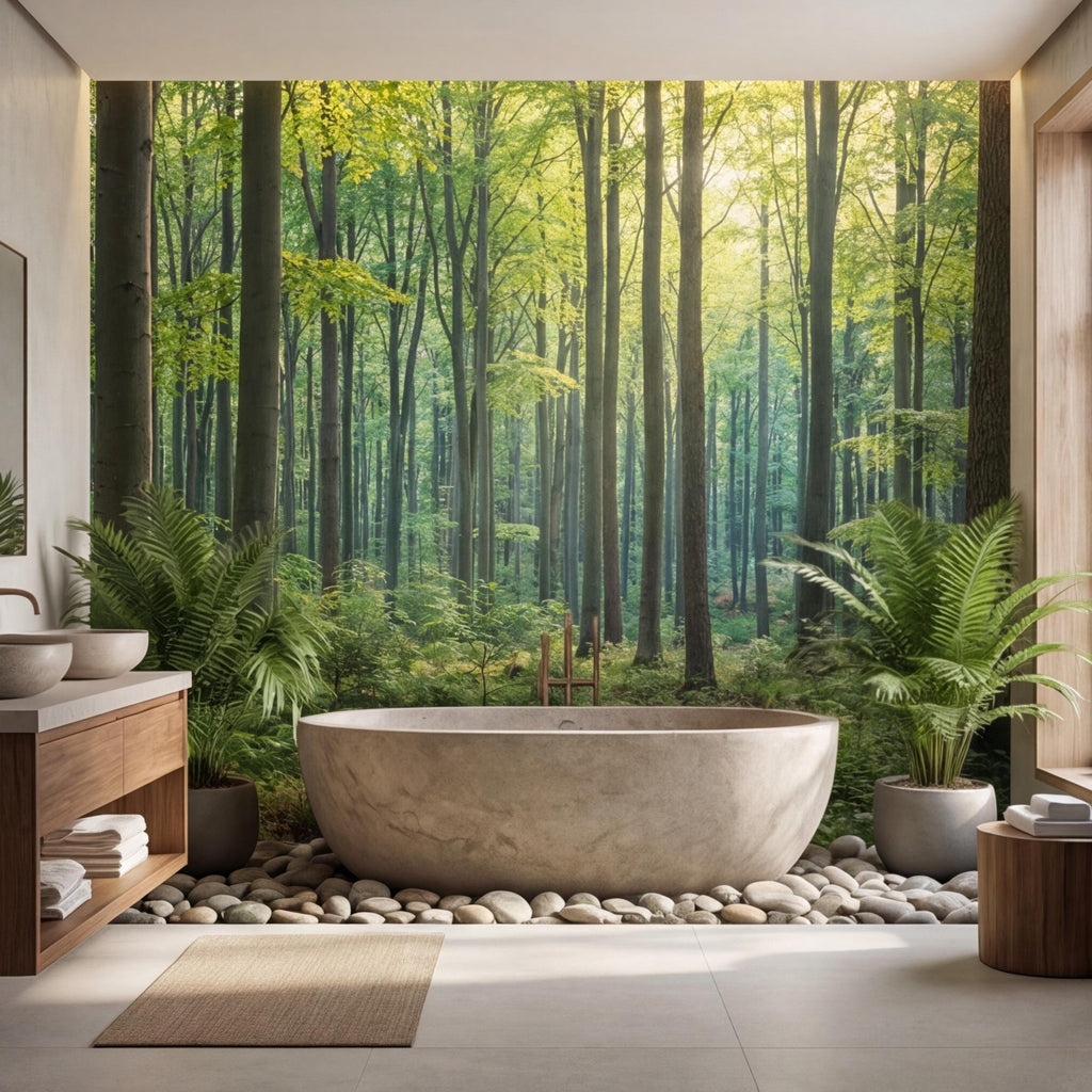 Sunlit Green Forest Peel and Stick Wall Mural, Woodland Trees Nature Wallpaper, Bedroom Living Room Accent Wall Decor