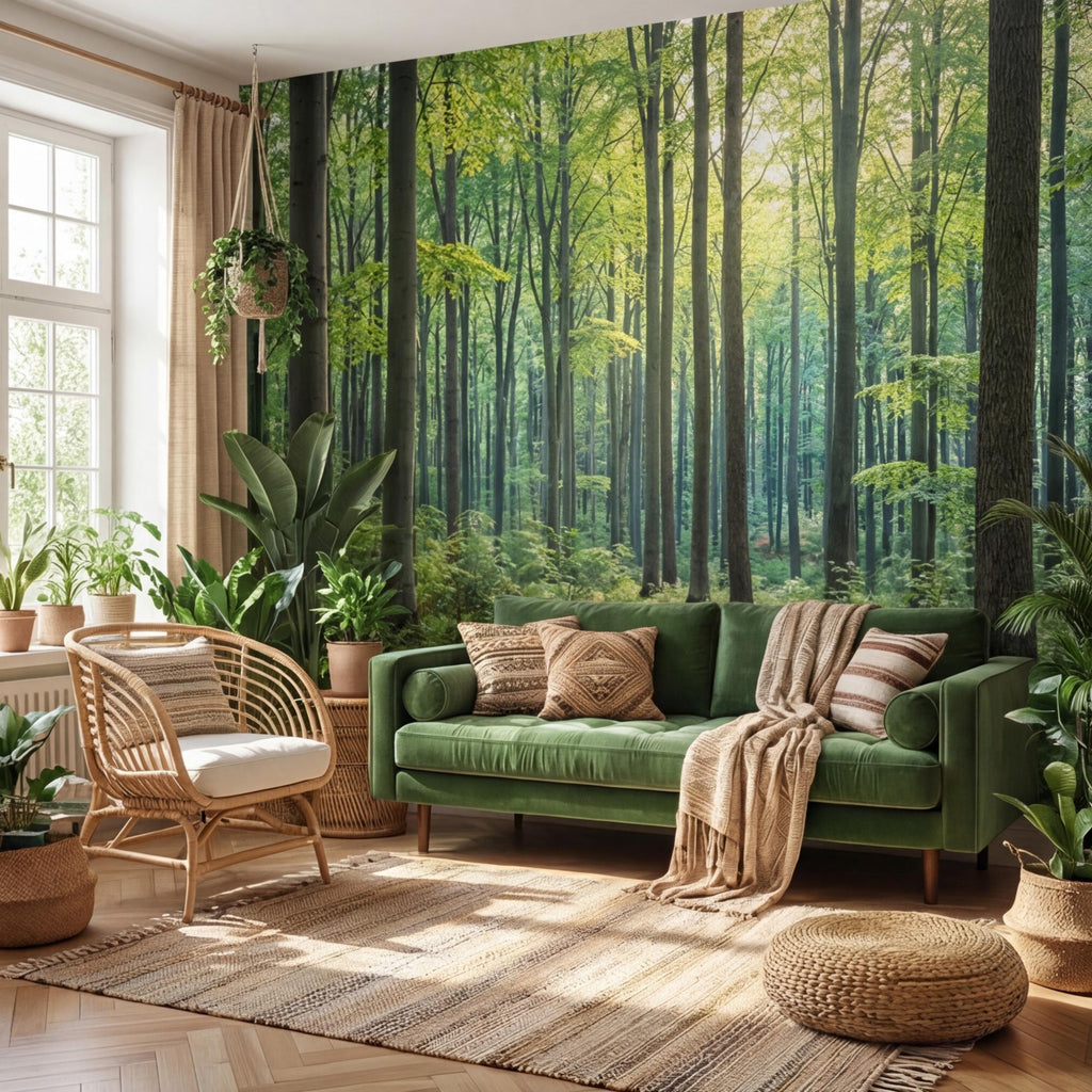 Sunlit Green Forest Peel and Stick Wall Mural, Woodland Trees Nature Wallpaper, Bedroom Living Room Accent Wall Decor