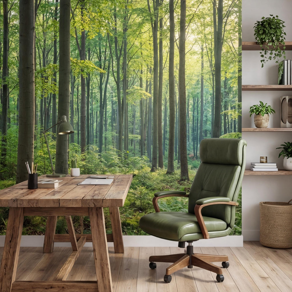 Sunlit Green Forest Peel and Stick Wall Mural, Woodland Trees Nature Wallpaper, Bedroom Living Room Accent Wall Decor