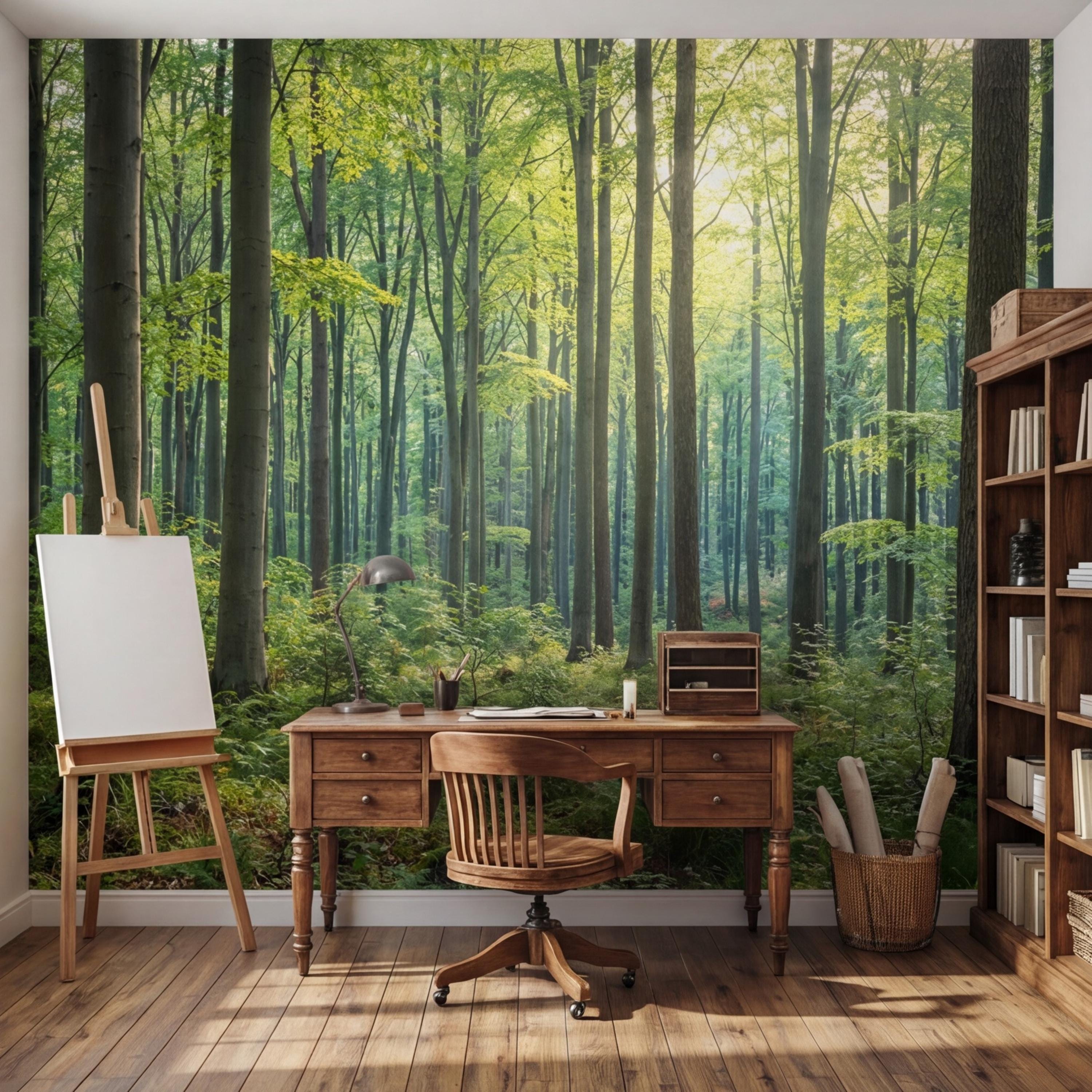 Sunlit Green Forest Peel and Stick Wall Mural, Woodland Trees Nature Wallpaper, Bedroom Living Room Accent Wall Decor