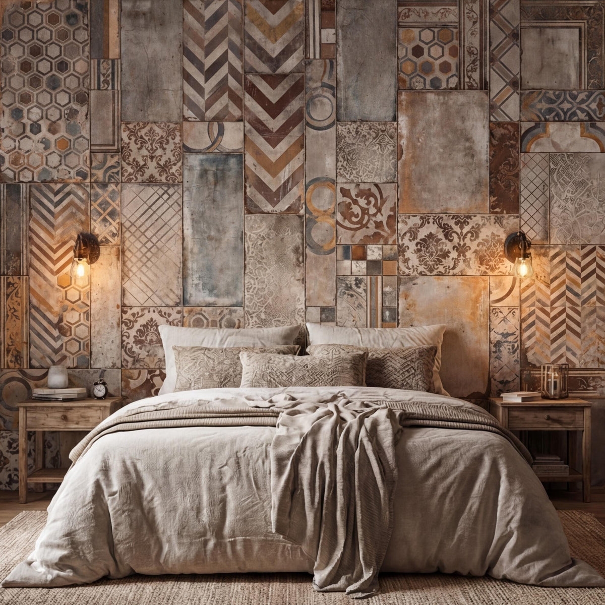 Vintage Tile Patchwork Peel and Stick Wall Mural, Rustic Neutral Cement Look Wallpaper, Boho Tile Wall Art Decor - The Fine Art Murals