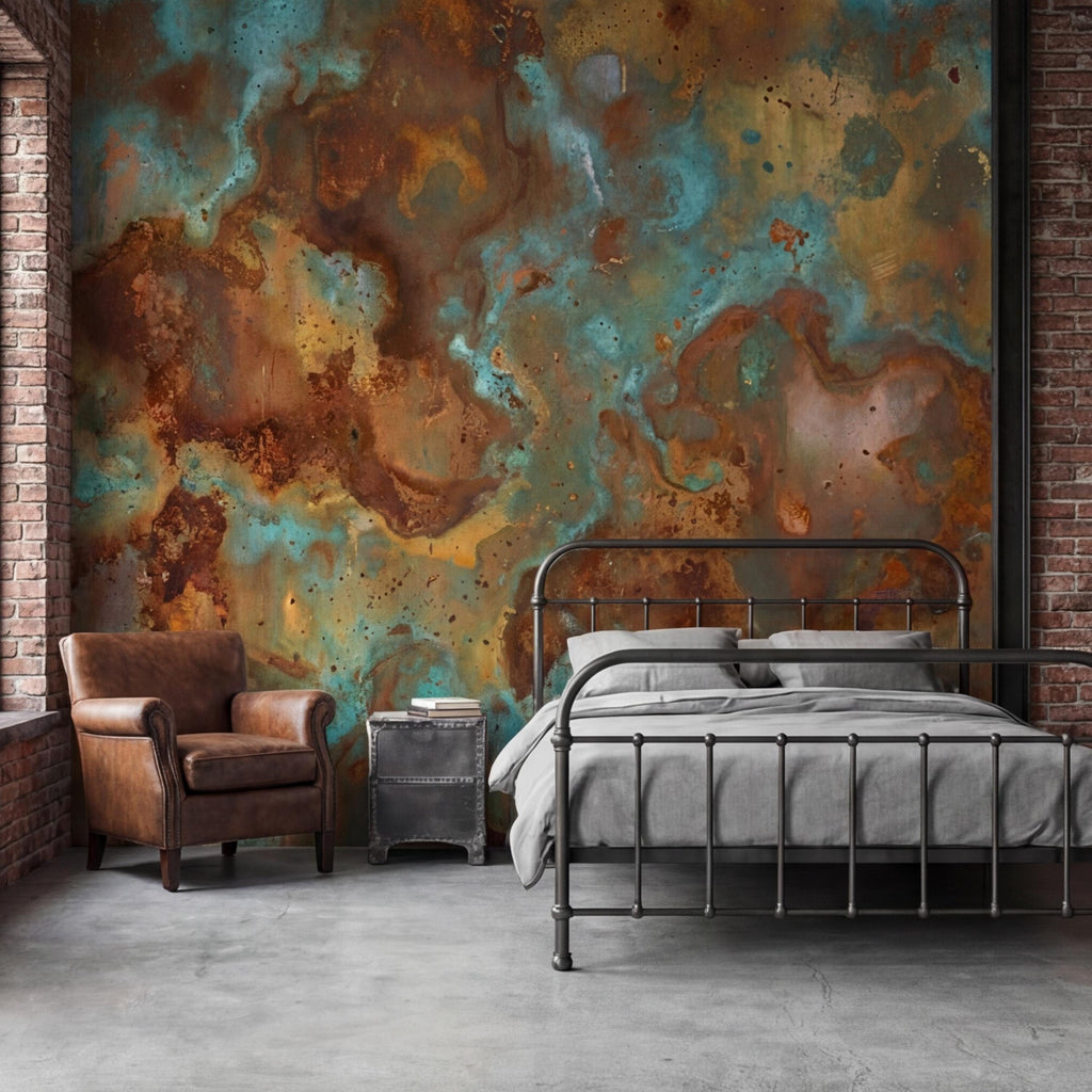 Turquoise Rust Copper Patina Peel and Stick Wall Mural, Abstract Oxidized Metal Texture Industrial Wallpaper
