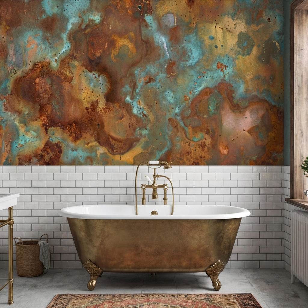 Turquoise Rust Copper Patina Peel and Stick Wall Mural, Abstract Oxidized Metal Texture Industrial Wallpaper