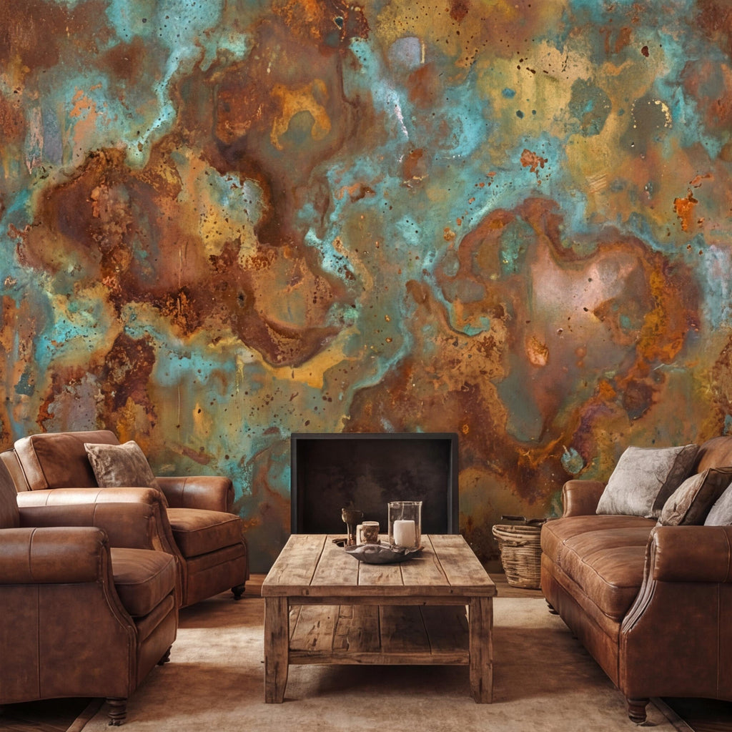 Turquoise Rust Copper Patina Peel and Stick Wall Mural, Abstract Oxidized Metal Texture Industrial Wallpaper
