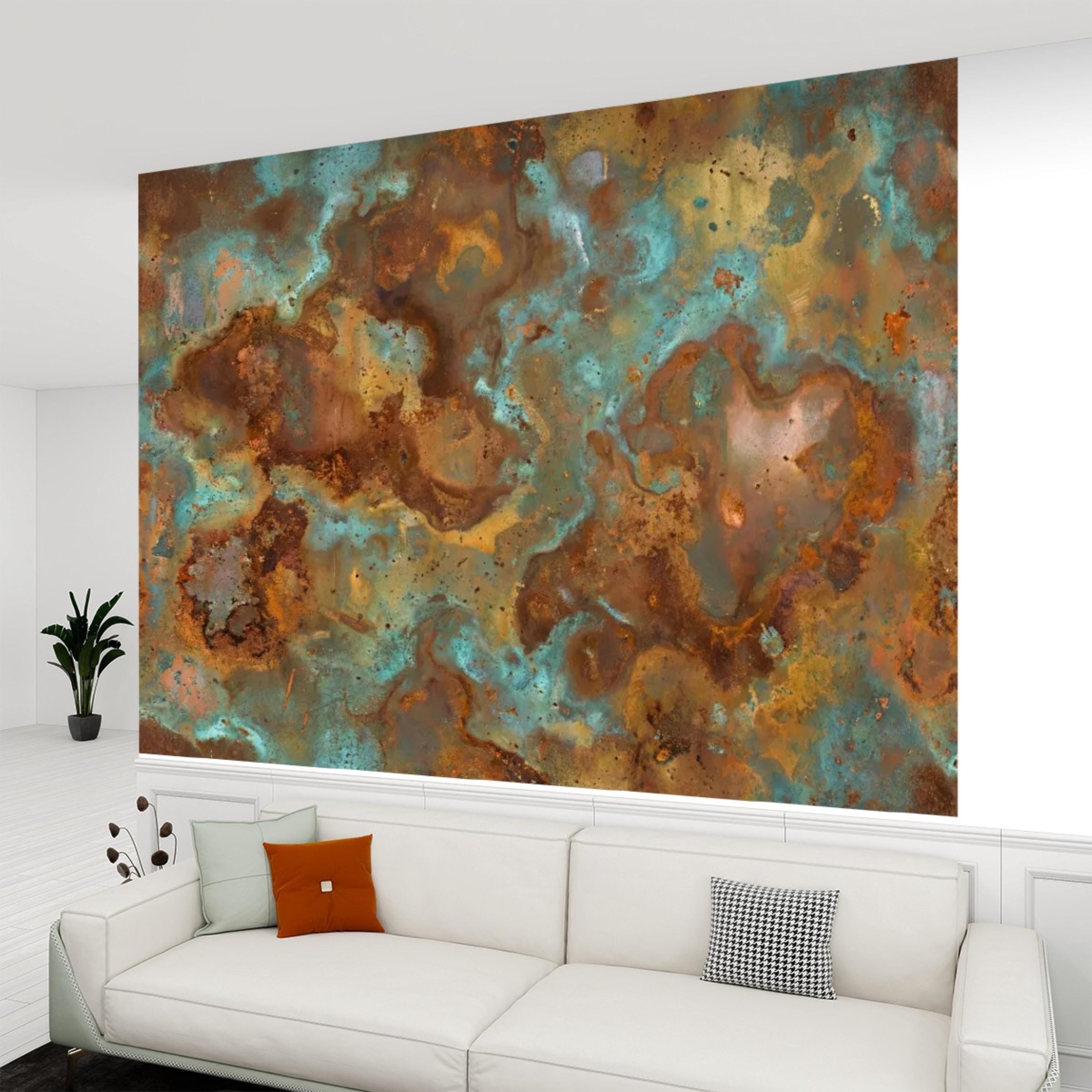 Turquoise Rust Copper Patina Peel and Stick Wall Mural, Abstract Oxidized Metal Texture Industrial Wallpaper