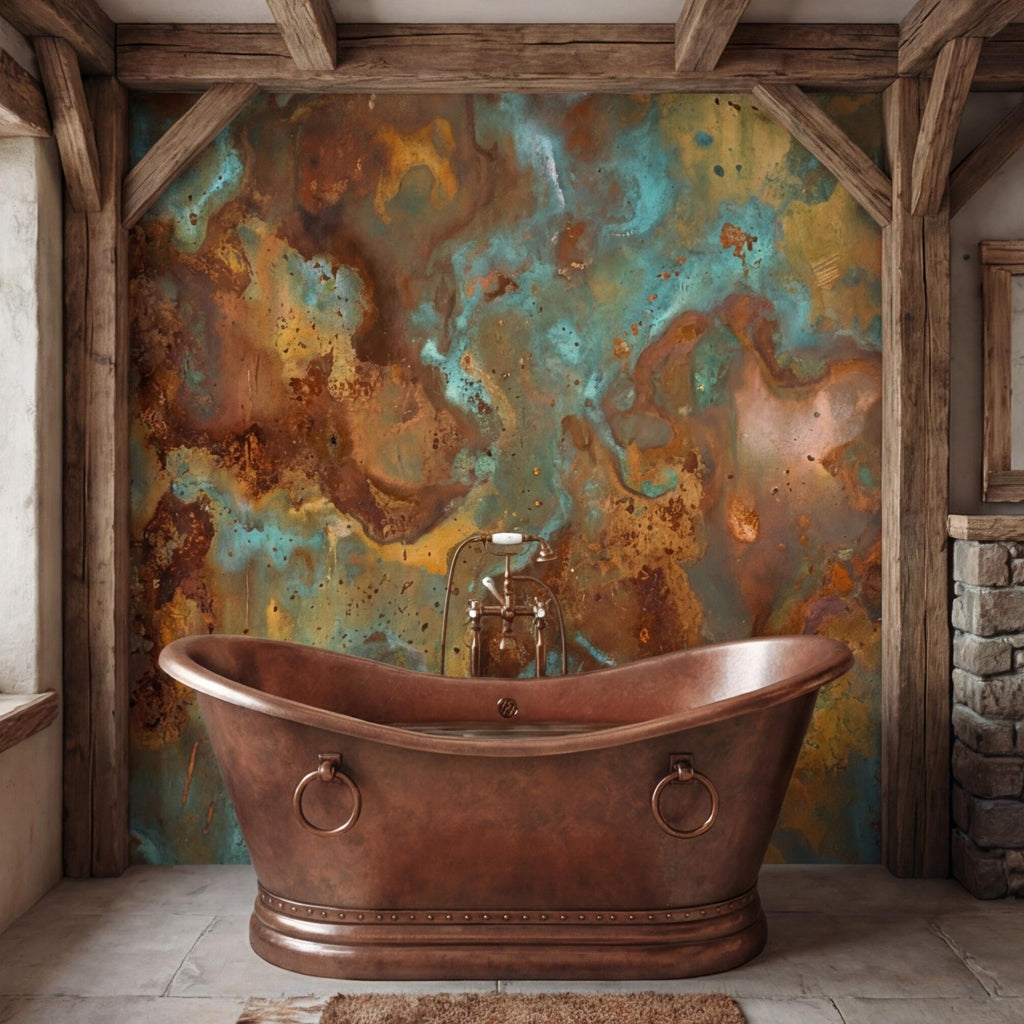 Turquoise Rust Copper Patina Peel and Stick Wall Mural, Abstract Oxidized Metal Texture Industrial Wallpaper