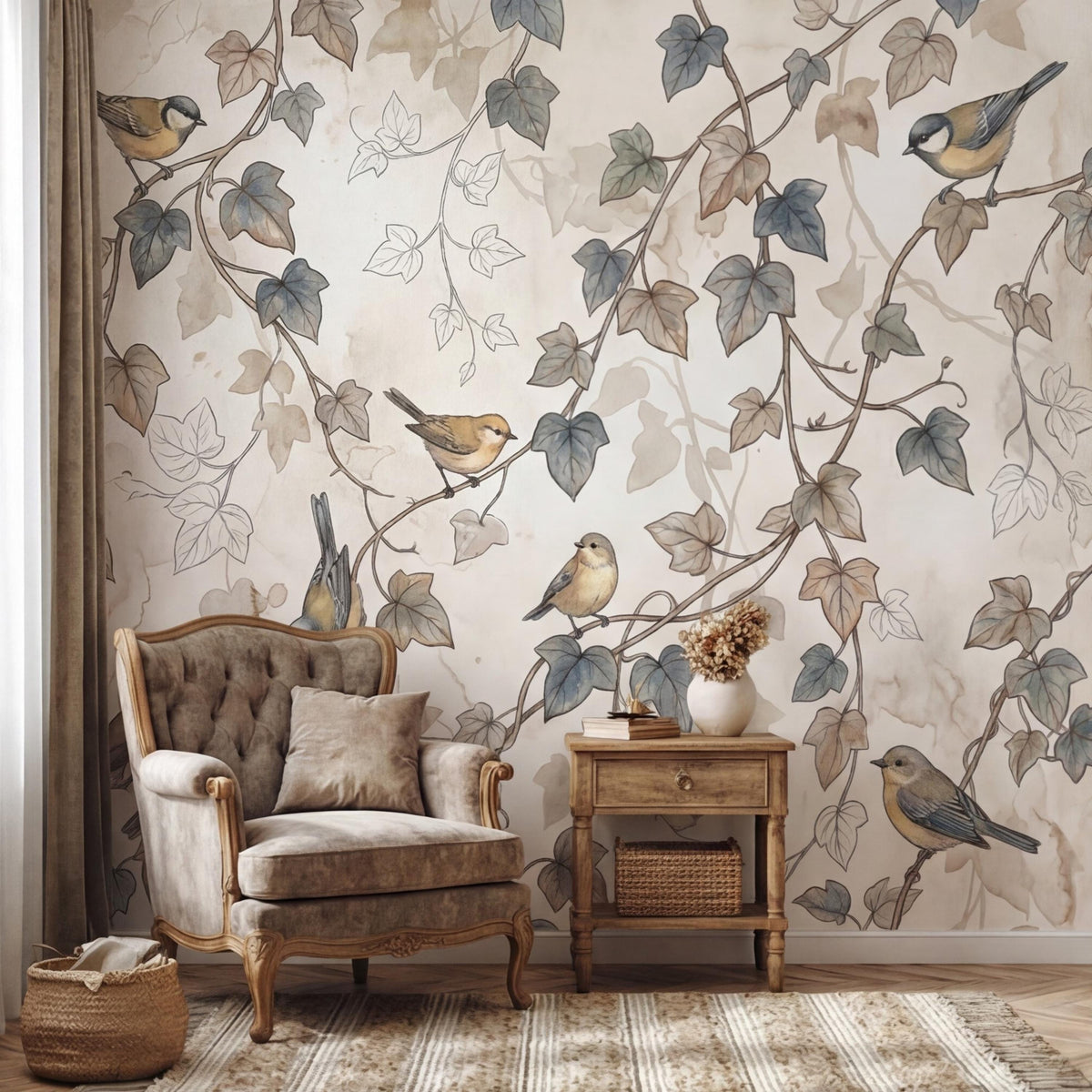 Botanical wall mural with watercolor birds on leafy vines in neutral tones