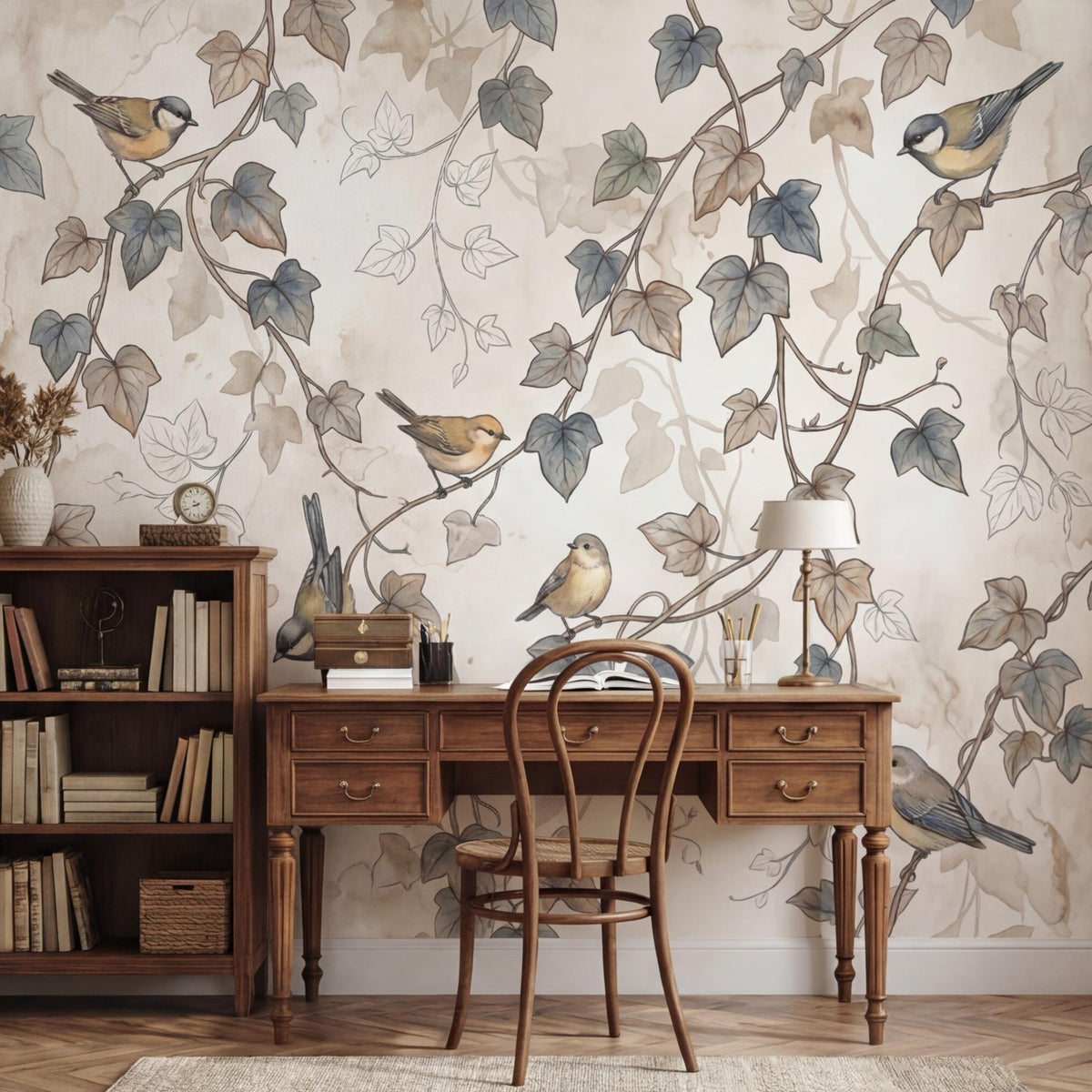 Botanical wallpaper mural with clustered birds and winding vine branches on neutral background