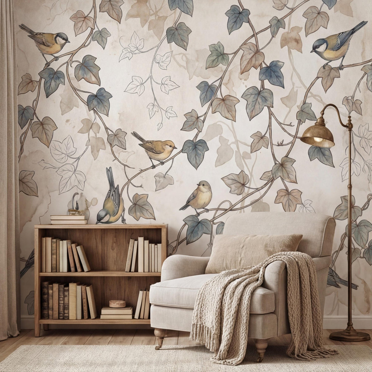 Botanical wallpaper mural with multiple birds on vine stems and scattered ivy leaves