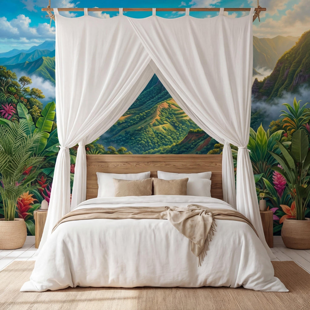 Tropical Mountain Jungle Peel and Stick Wall Mural, Lush Rainforest Landscape, Colorful Exotic Flowers Nature Wallpaper