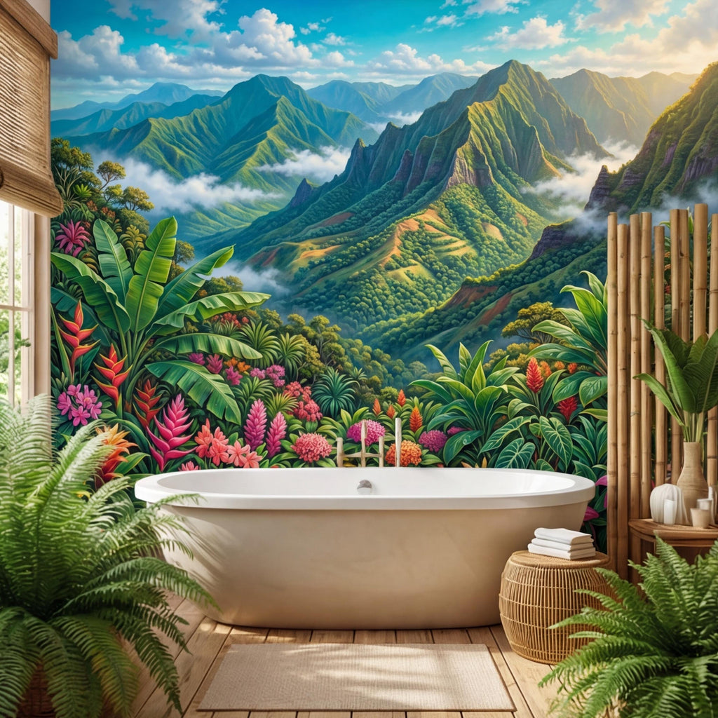 Tropical Mountain Jungle Peel and Stick Wall Mural, Lush Rainforest Landscape, Colorful Exotic Flowers Nature Wallpaper