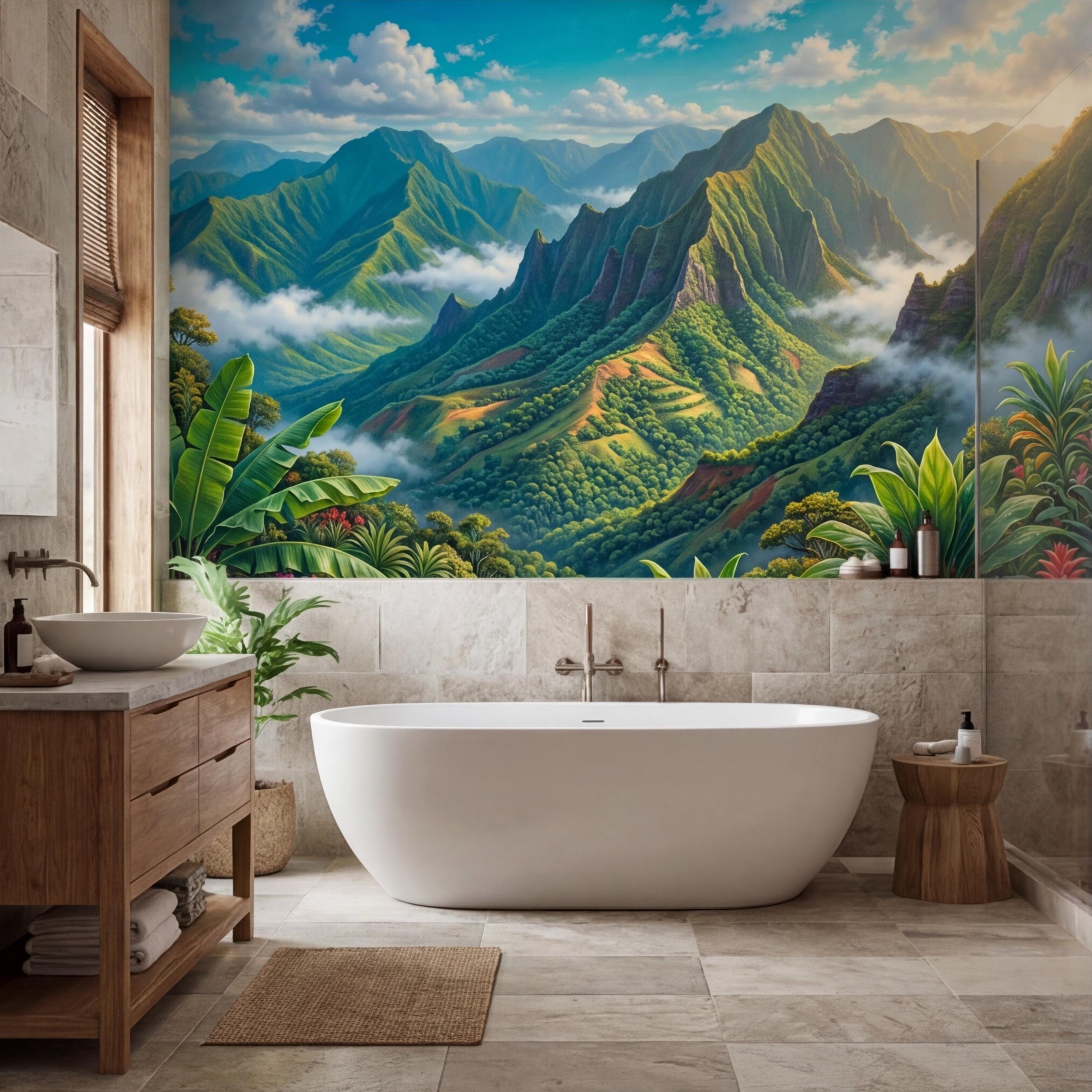 Tropical Mountain Jungle Peel and Stick Wall Mural, Lush Rainforest Landscape, Colorful Exotic Flowers Nature Wallpaper