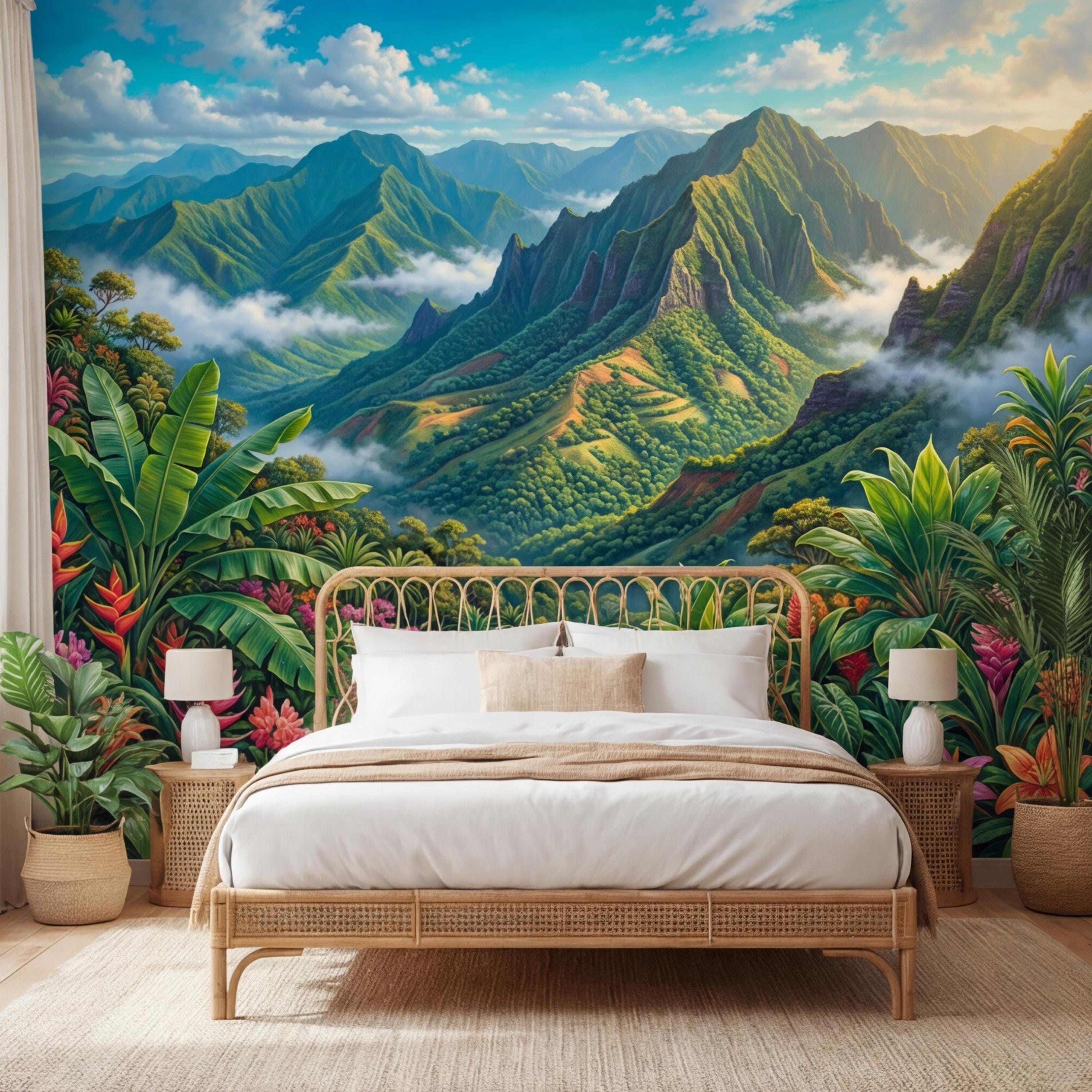 Tropical Mountain Jungle Peel and Stick Wall Mural, Lush Rainforest Landscape, Colorful Exotic Flowers Nature Wallpaper