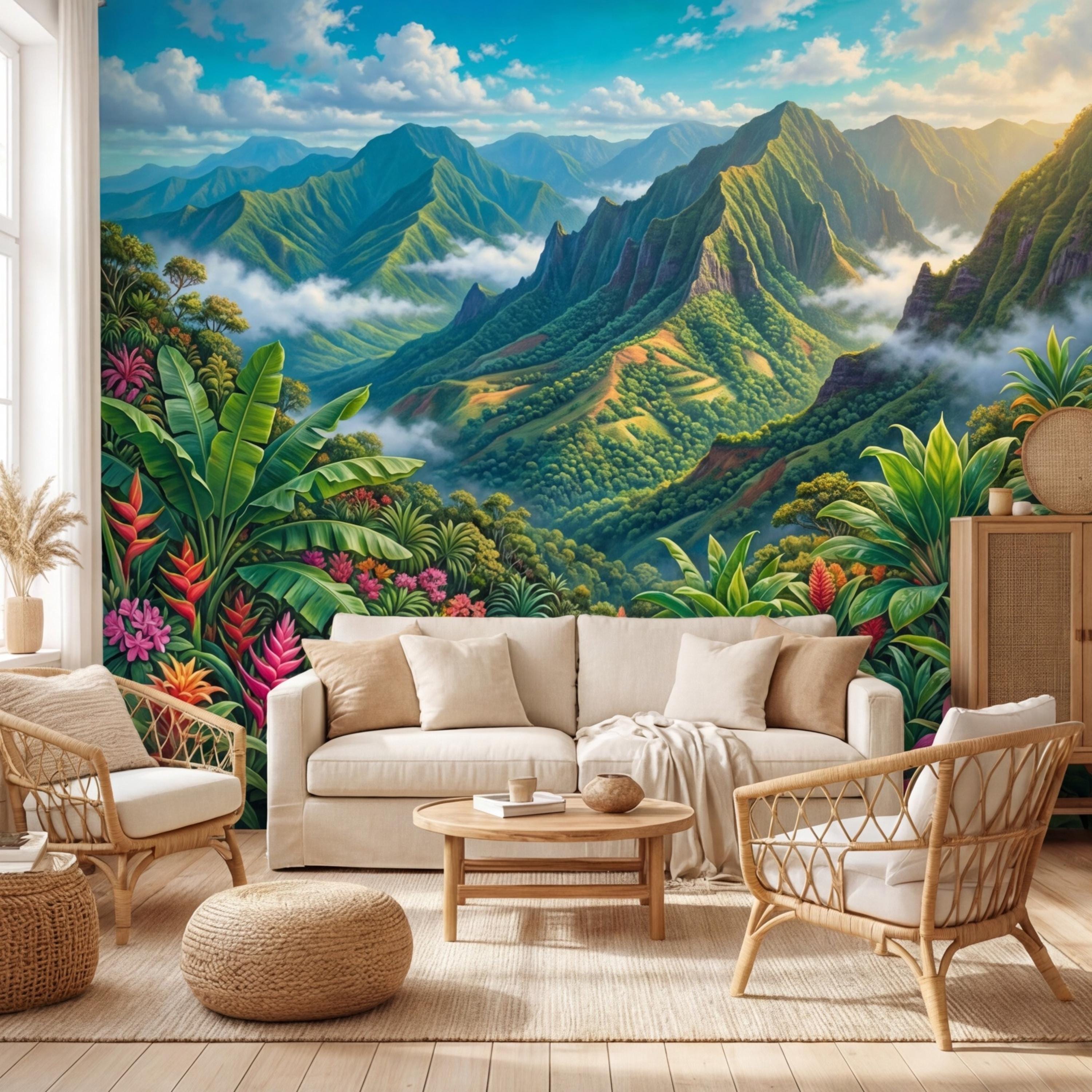 Tropical Mountain Jungle Peel and Stick Wall Mural, Lush Rainforest Landscape, Colorful Exotic Flowers Nature Wallpaper