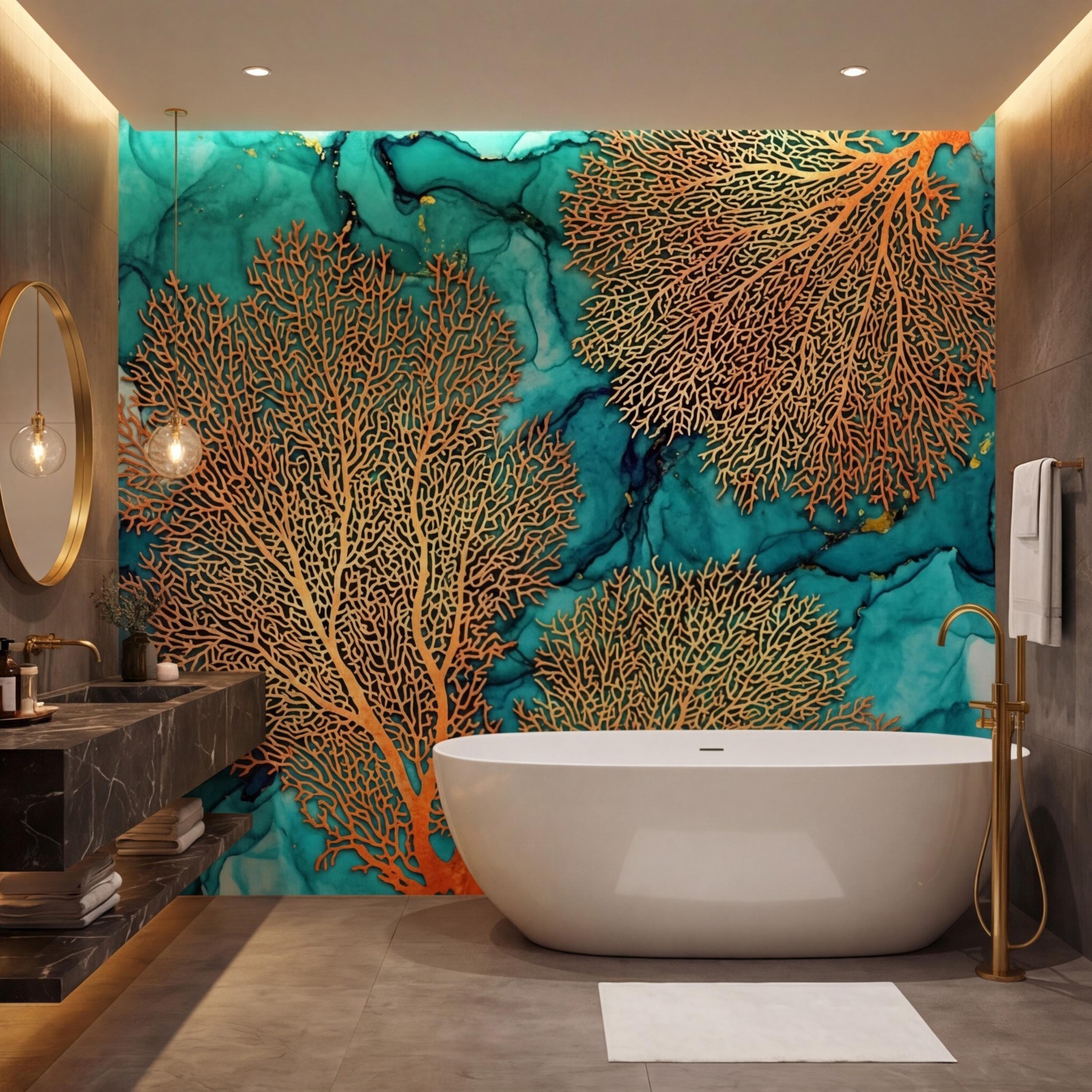 Sea Fan Coral Teal Aqua Ocean Abstract Coastal Peel and Stick Wall Mural, Orange Coral Turquoise Ink Water Art Wallpaper