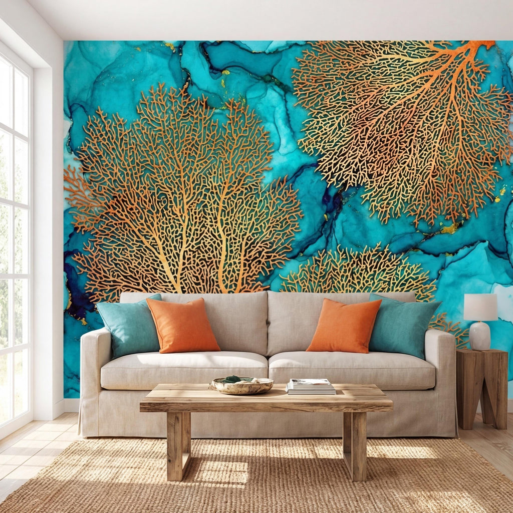 Sea Fan Coral Teal Aqua Ocean Abstract Coastal Peel and Stick Wall Mural, Orange Coral Turquoise Ink Water Art Wallpaper