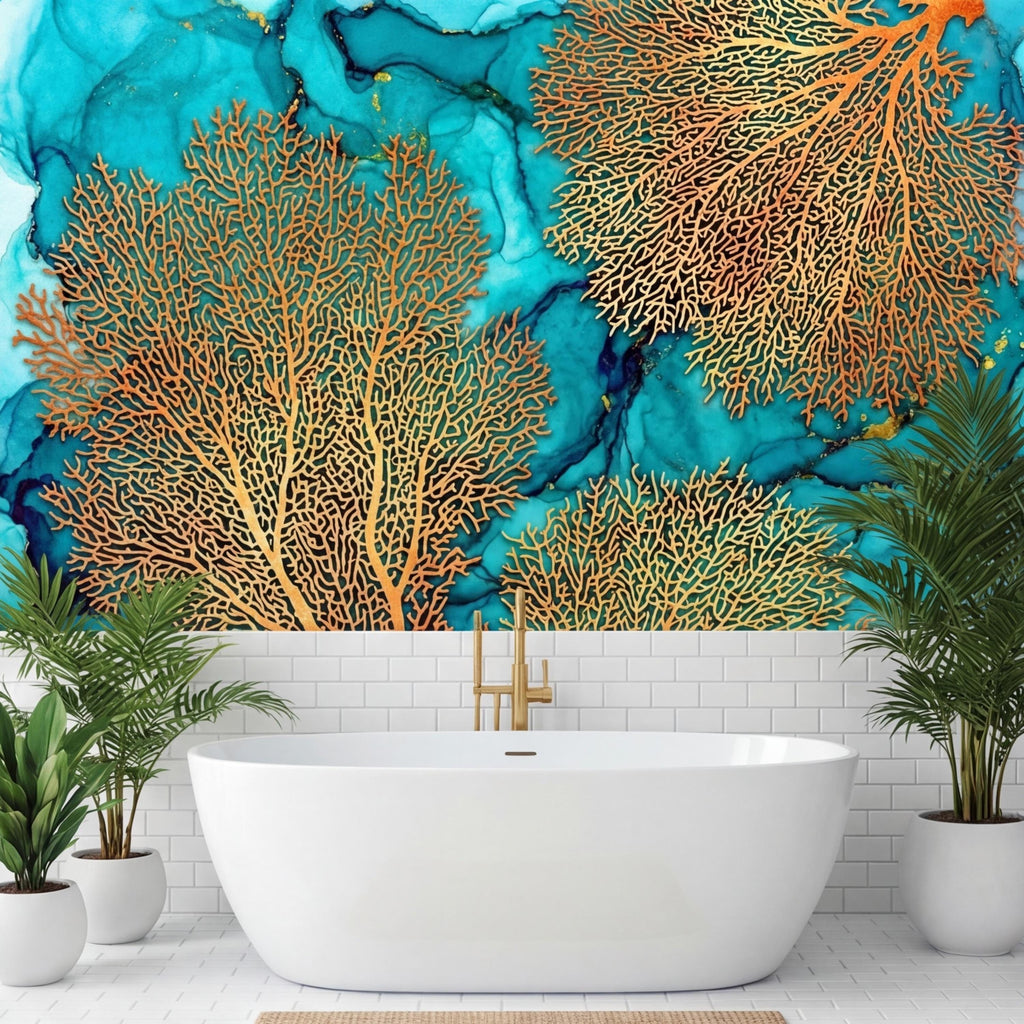 Sea Fan Coral Teal Aqua Ocean Abstract Coastal Peel and Stick Wall Mural, Orange Coral Turquoise Ink Water Art Wallpaper