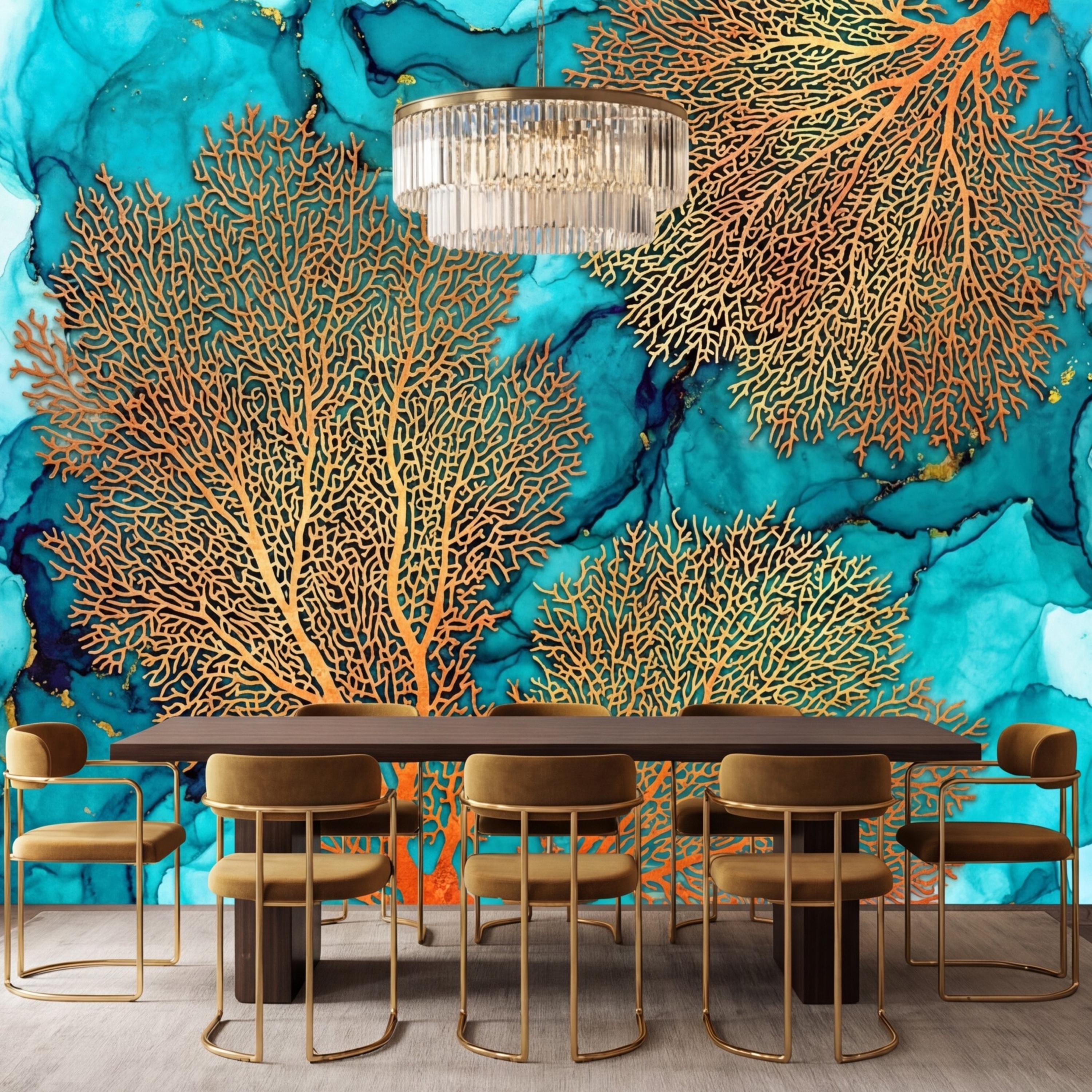 Sea Fan Coral Teal Aqua Ocean Abstract Coastal Peel and Stick Wall Mural, Orange Coral Turquoise Ink Water Art Wallpaper