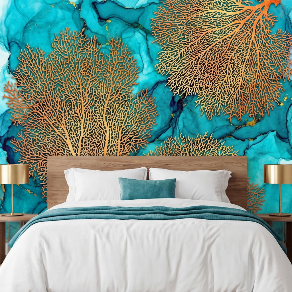 Sea Fan Coral Teal Aqua Ocean Abstract Coastal Peel and Stick Wall Mural, Orange Coral Turquoise Ink Water Art Wallpaper