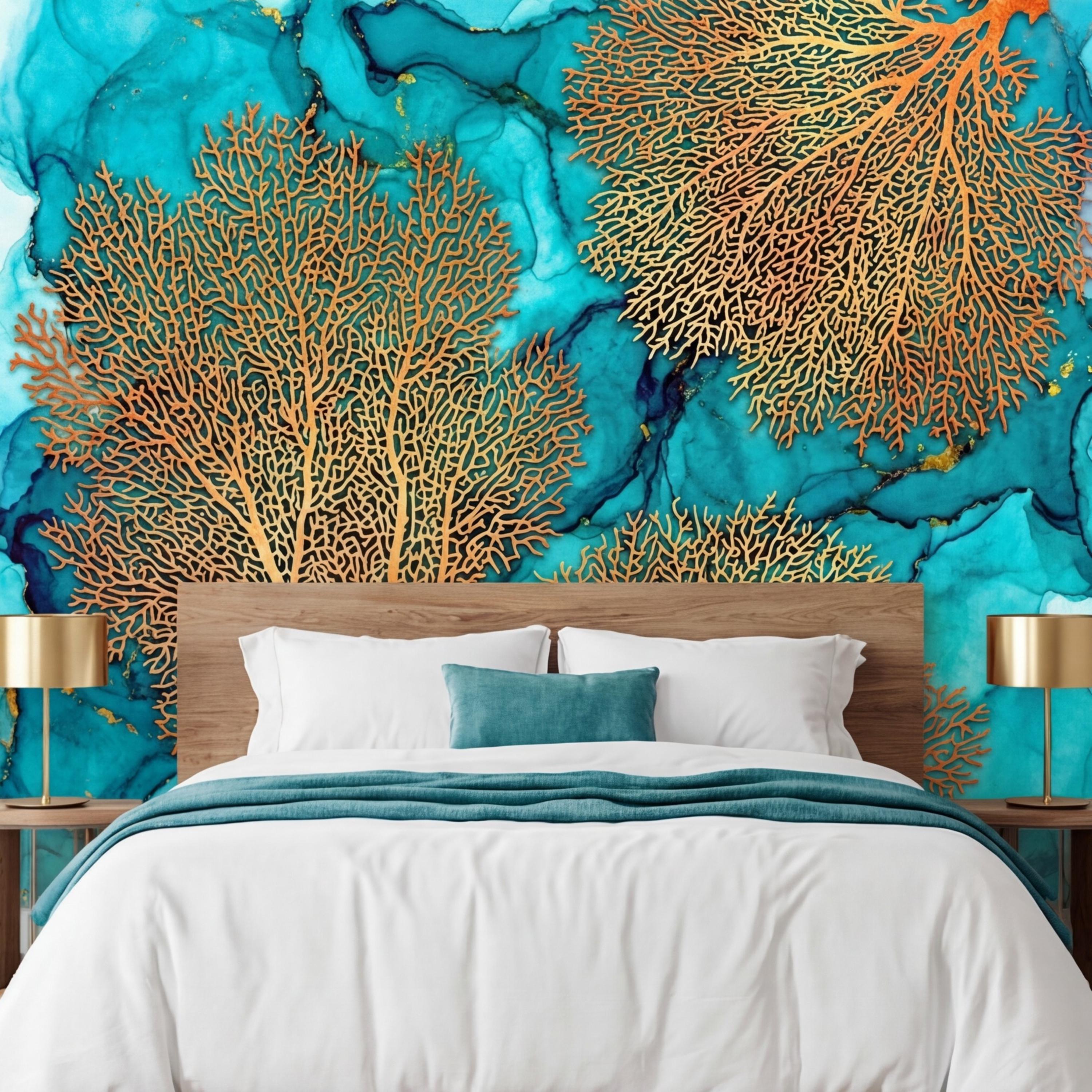 Sea Fan Coral Teal Aqua Ocean Abstract Coastal Peel and Stick Wall Mural, Orange Coral Turquoise Ink Water Art Wallpaper
