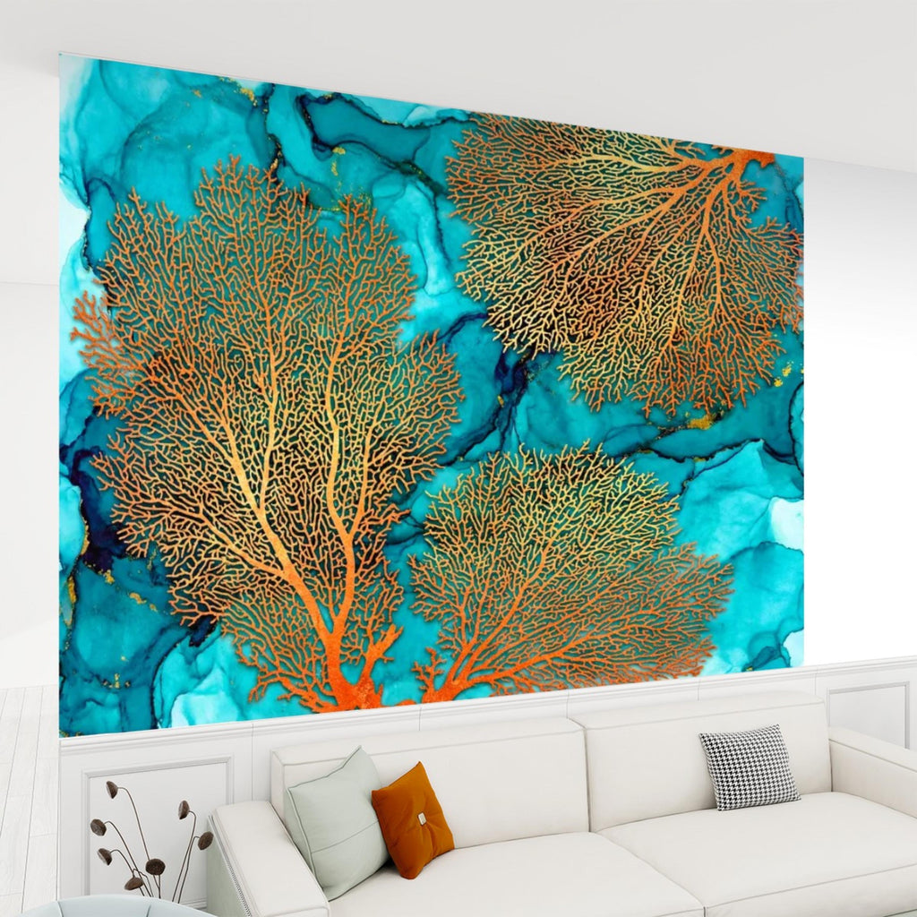 Sea Fan Coral Teal Aqua Ocean Abstract Coastal Peel and Stick Wall Mural, Orange Coral Turquoise Ink Water Art Wallpaper