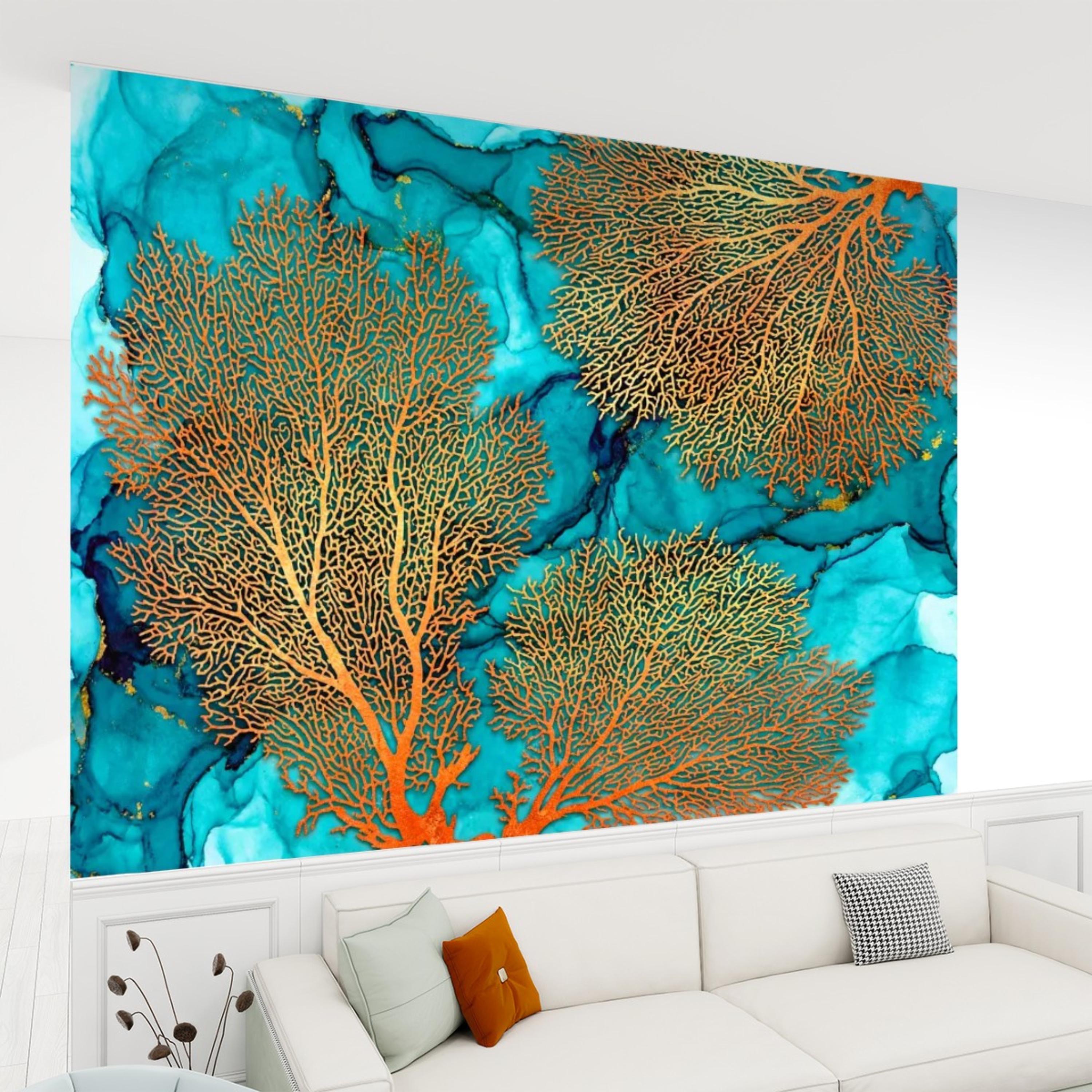 Sea Fan Coral Teal Aqua Ocean Abstract Coastal Peel and Stick Wall Mural, Orange Coral Turquoise Ink Water Art Wallpaper