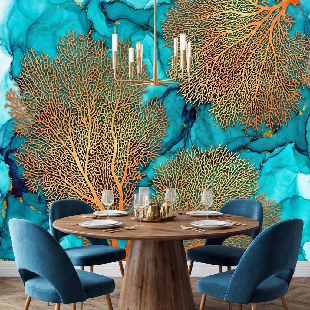 Sea Fan Coral Teal Aqua Ocean Abstract Coastal Peel and Stick Wall Mural, Orange Coral Turquoise Ink Water Art Wallpaper