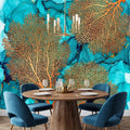 Sea Fan Coral Teal Aqua Ocean Abstract Coastal Peel and Stick Wall Mural, Orange Coral Turquoise Ink Water Art Wallpaper