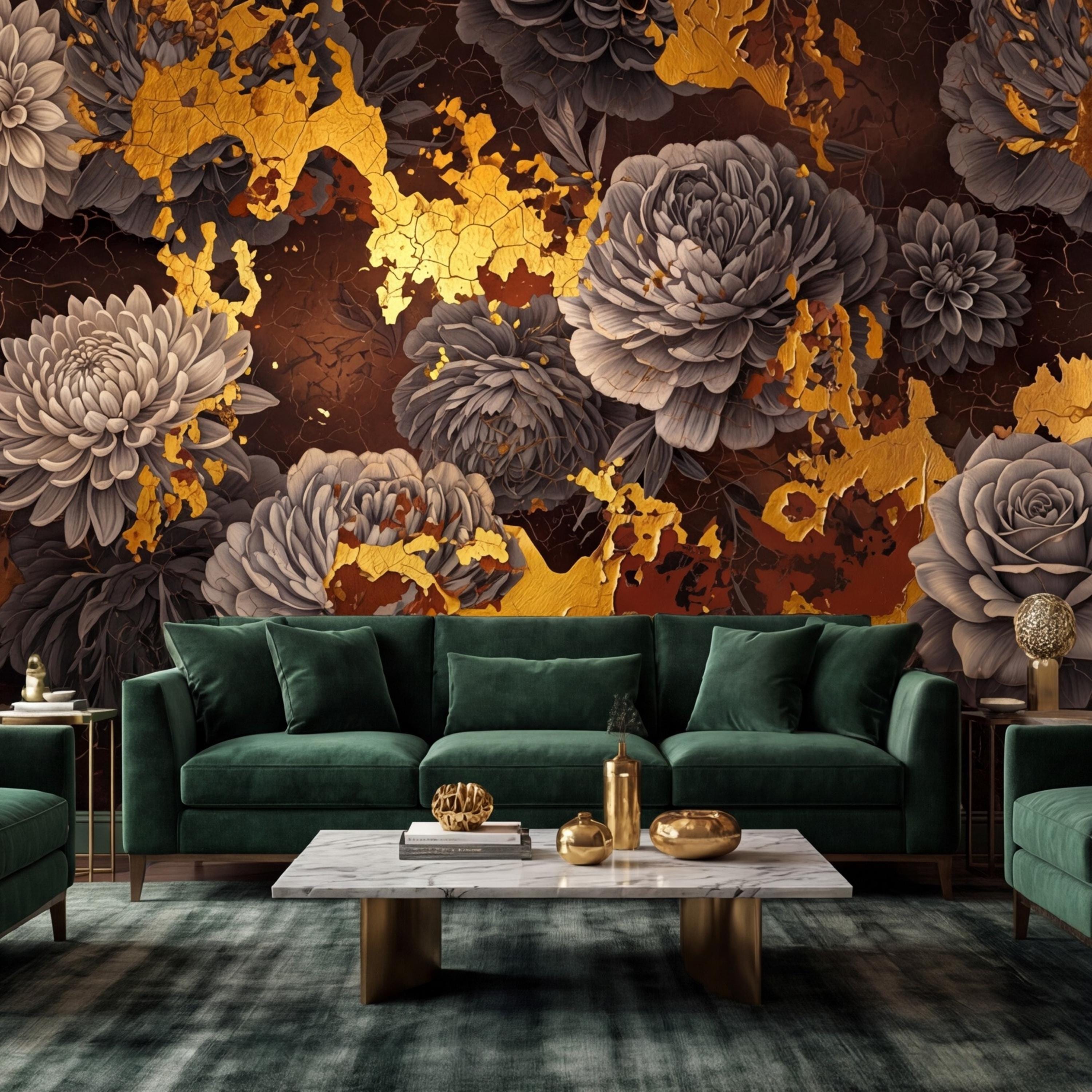 Peel and Stick Wall Mural Dark Floral Gold Accents Peony Rose, Brown Black Luxury Moody Flower Wallpaper Bedroom Living Room