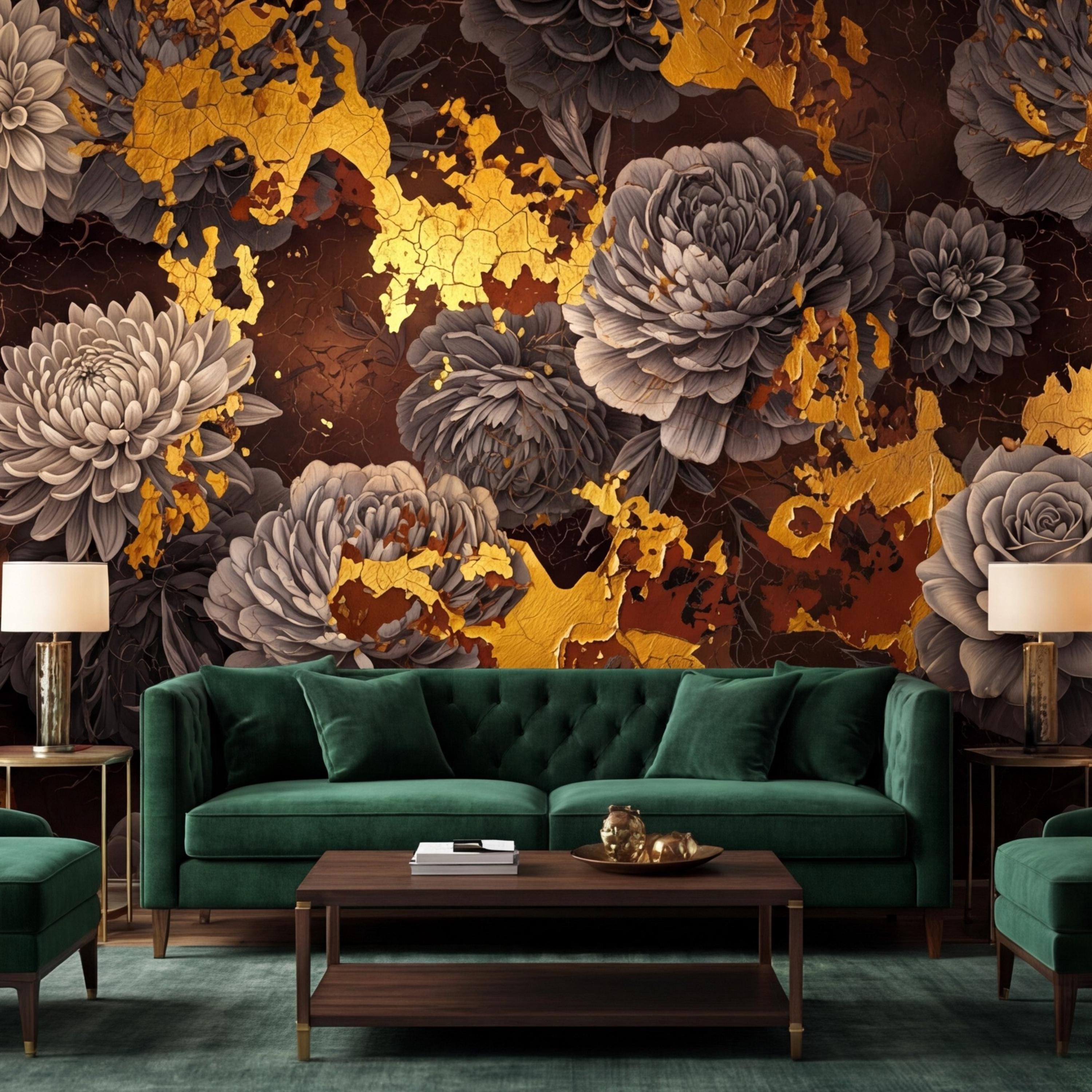 Peel and Stick Wall Mural Dark Floral Gold Accents Peony Rose, Brown Black Luxury Moody Flower Wallpaper Bedroom Living Room