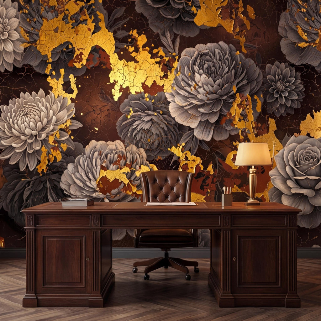 Peel and Stick Wall Mural Dark Floral Gold Accents Peony Rose, Brown Black Luxury Moody Flower Wallpaper Bedroom Living Room