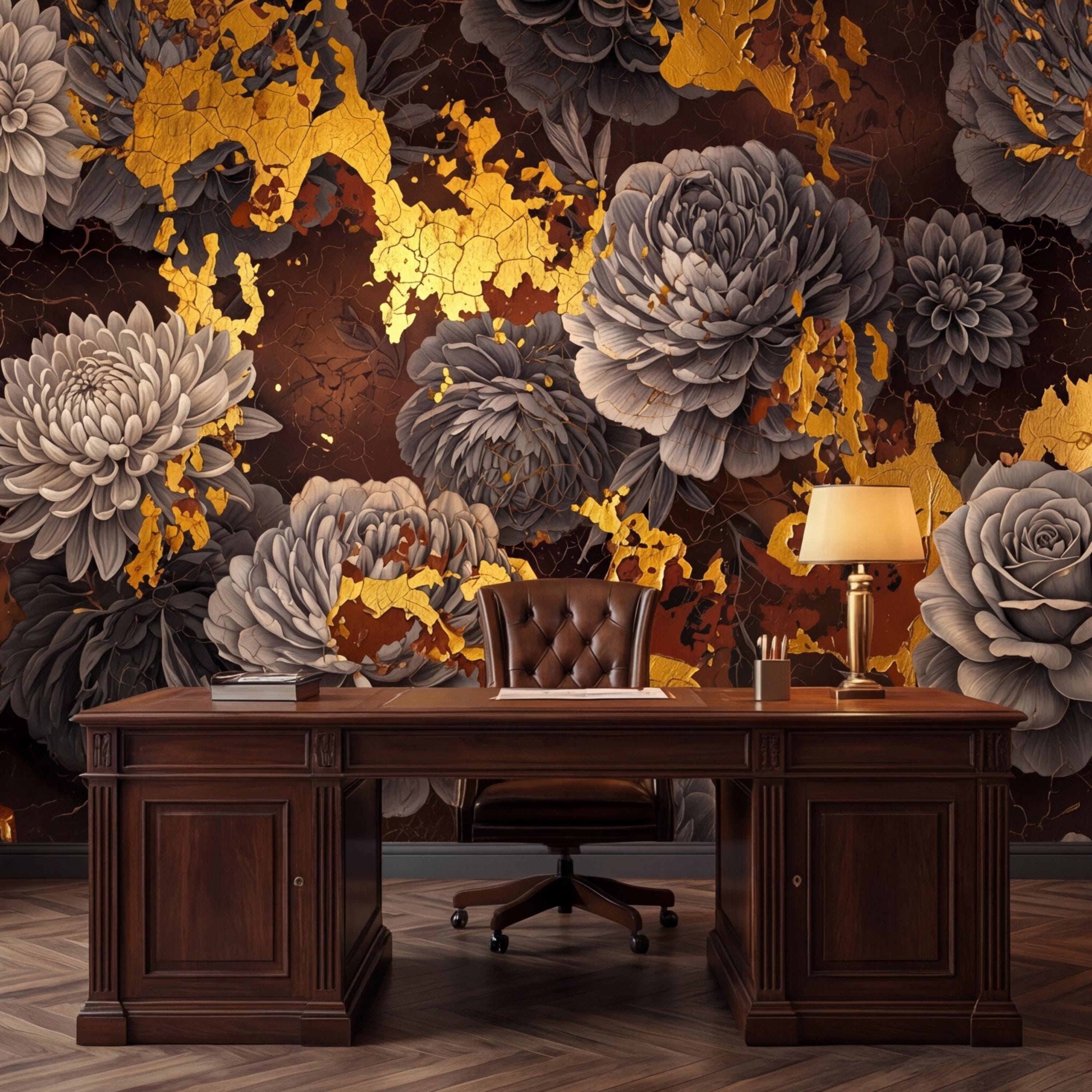 Peel and Stick Wall Mural Dark Floral Gold Accents Peony Rose, Brown Black Luxury Moody Flower Wallpaper Bedroom Living Room
