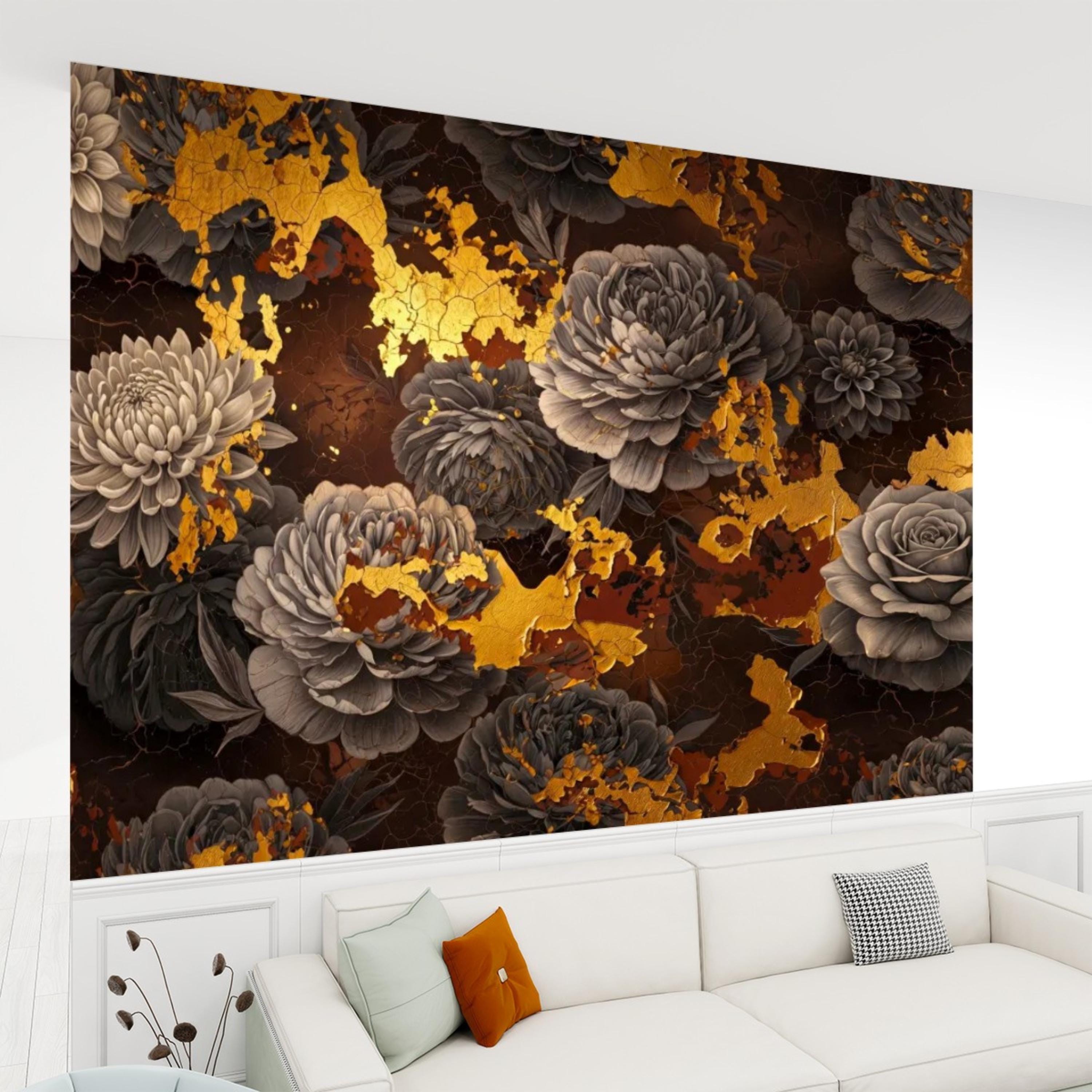 Peel and Stick Wall Mural Dark Floral Gold Accents Peony Rose, Brown Black Luxury Moody Flower Wallpaper Bedroom Living Room