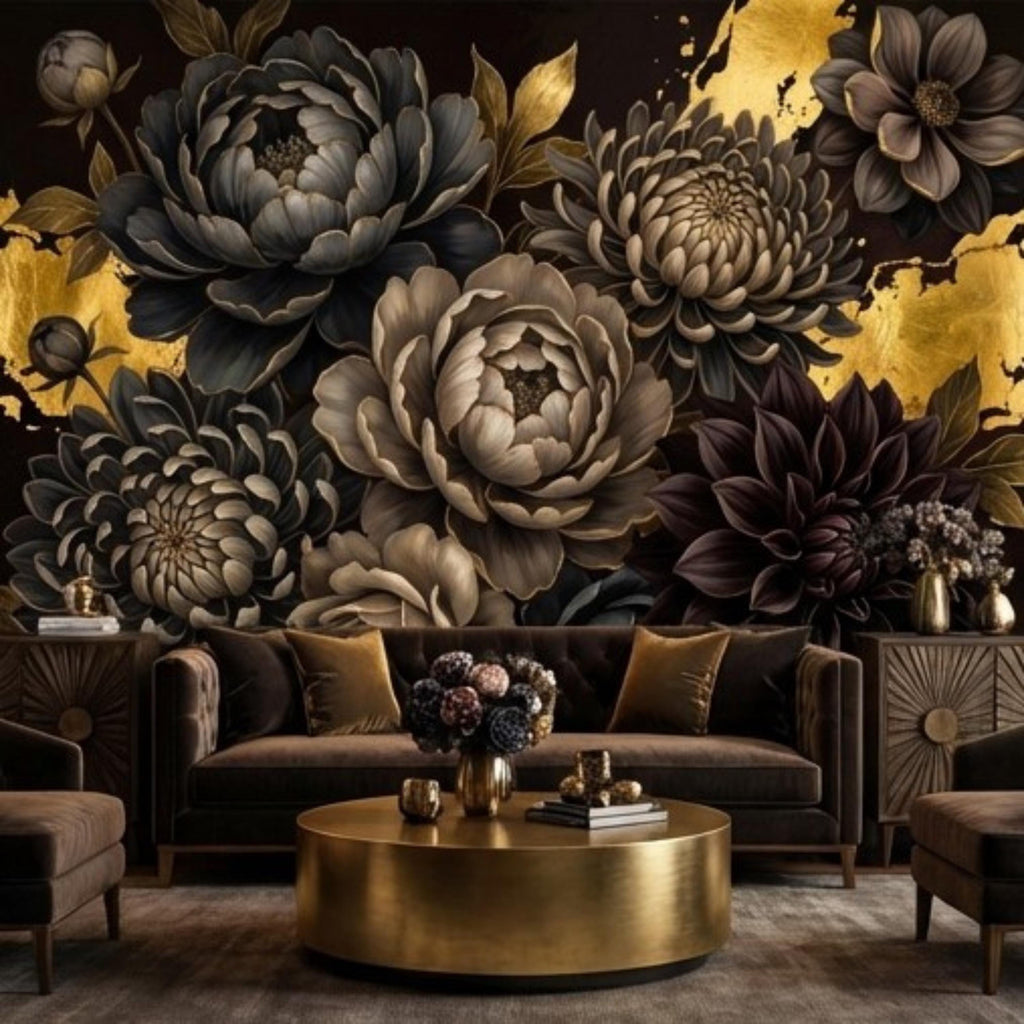 Peel and Stick Wall Mural Dark Floral Gold Accents Peony Dahlia Rose, Black Brown Luxury Flower Wallpaper Bedroom Living Room