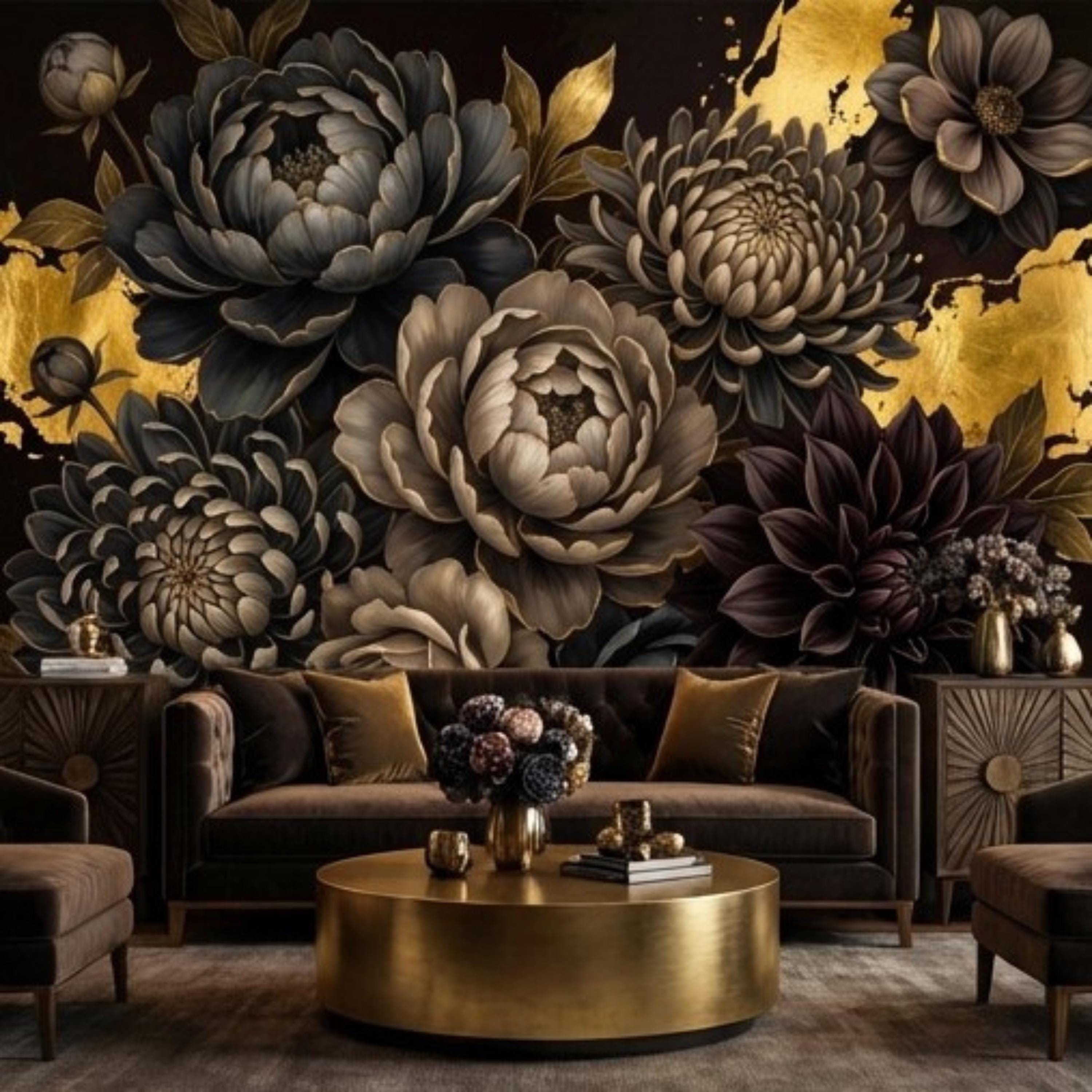 Peel and Stick Wall Mural Dark Floral Gold Accents Peony Dahlia Rose, Black Brown Luxury Flower Wallpaper Bedroom Living Room