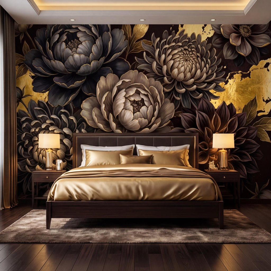 Peel and Stick Wall Mural Dark Floral Gold Accents Peony Dahlia Rose, Black Brown Luxury Flower Wallpaper Bedroom Living Room