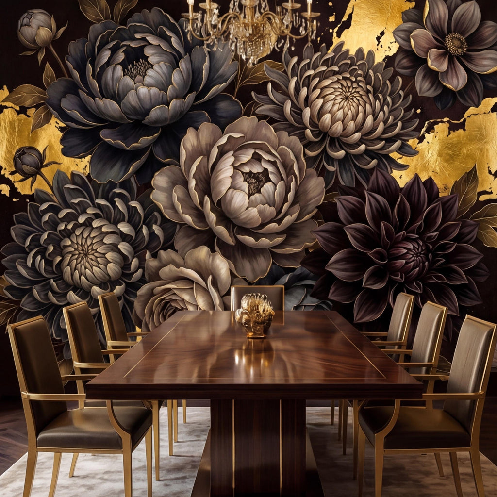 Peel and Stick Wall Mural Dark Floral Gold Accents Peony Dahlia Rose, Black Brown Luxury Flower Wallpaper Bedroom Living Room