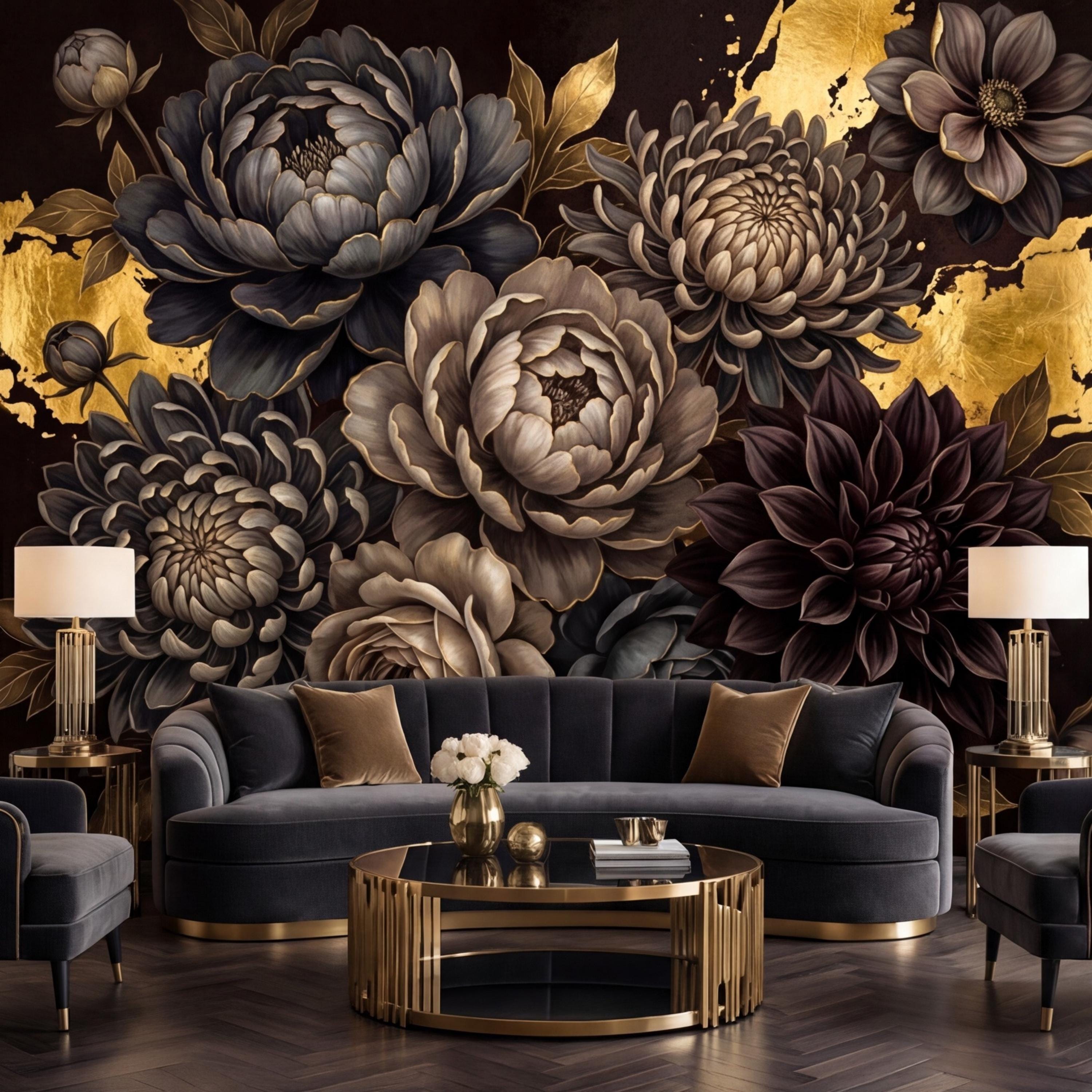 Peel and Stick Wall Mural Dark Floral Gold Accents Peony Dahlia Rose, Black Brown Luxury Flower Wallpaper Bedroom Living Room
