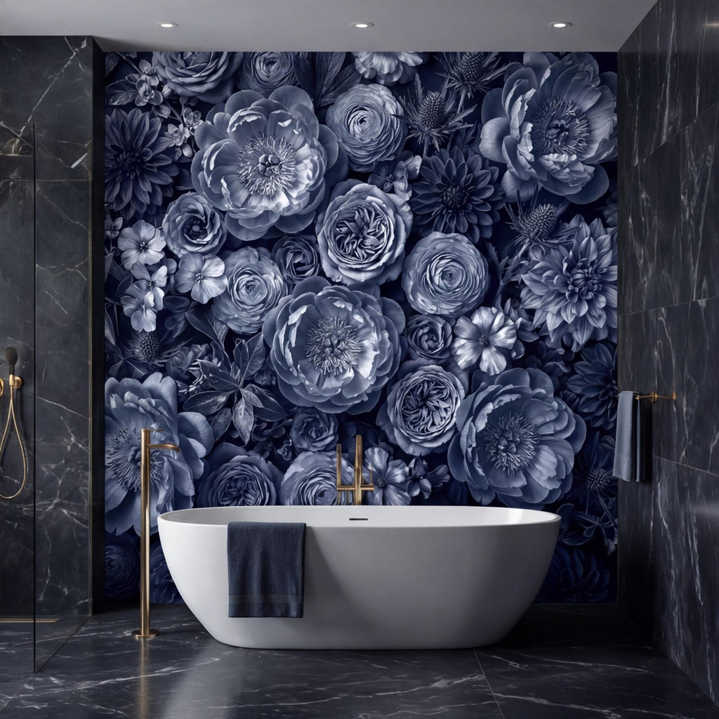 Dark Blue Floral Peel and Stick Wall Mural, Moody Monochrome Peony Rose Dahlia Wallpaper, Elegant Flower Wall Decor