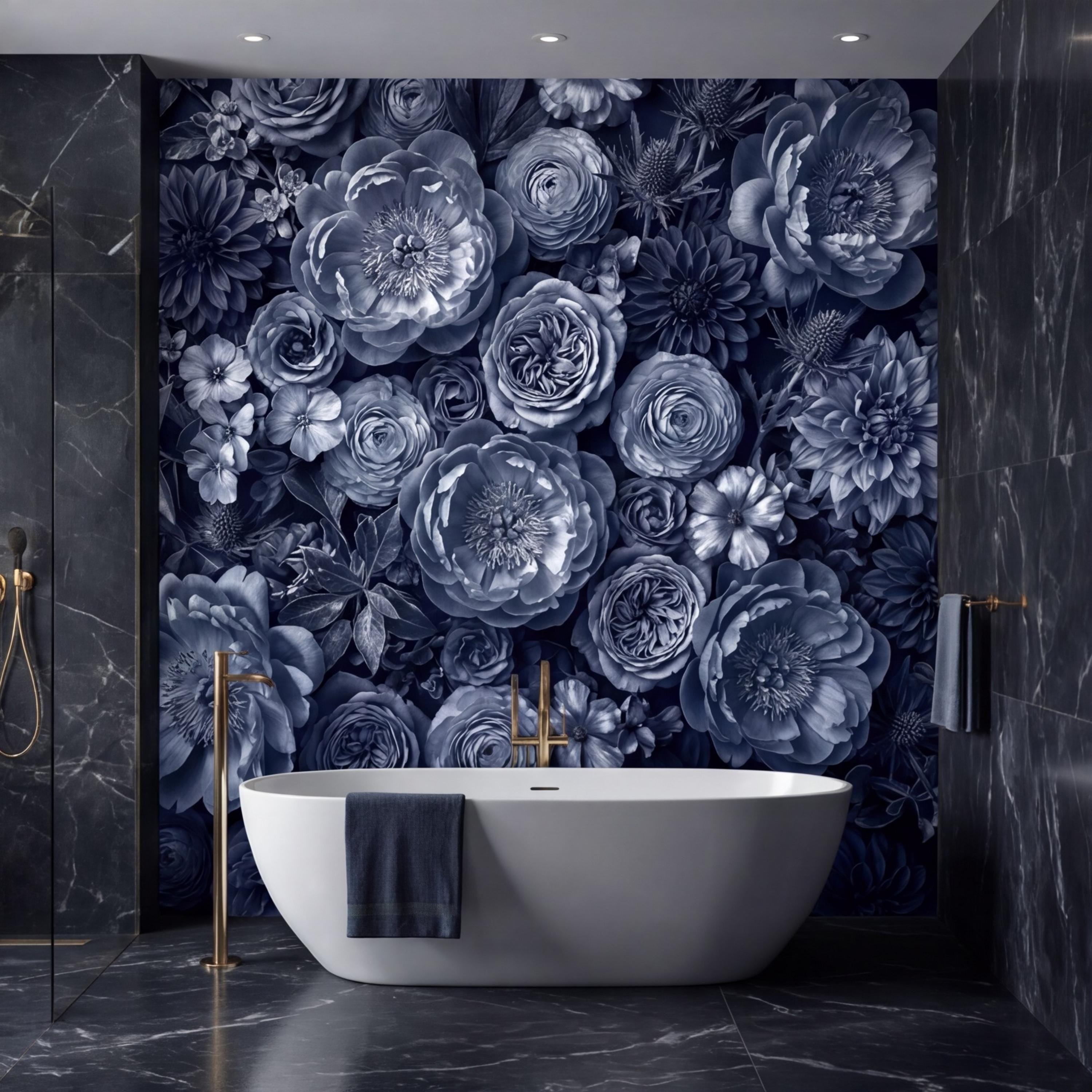 Dark Blue Floral Peel and Stick Wall Mural, Moody Monochrome Peony Rose Dahlia Wallpaper, Elegant Flower Wall Decor
