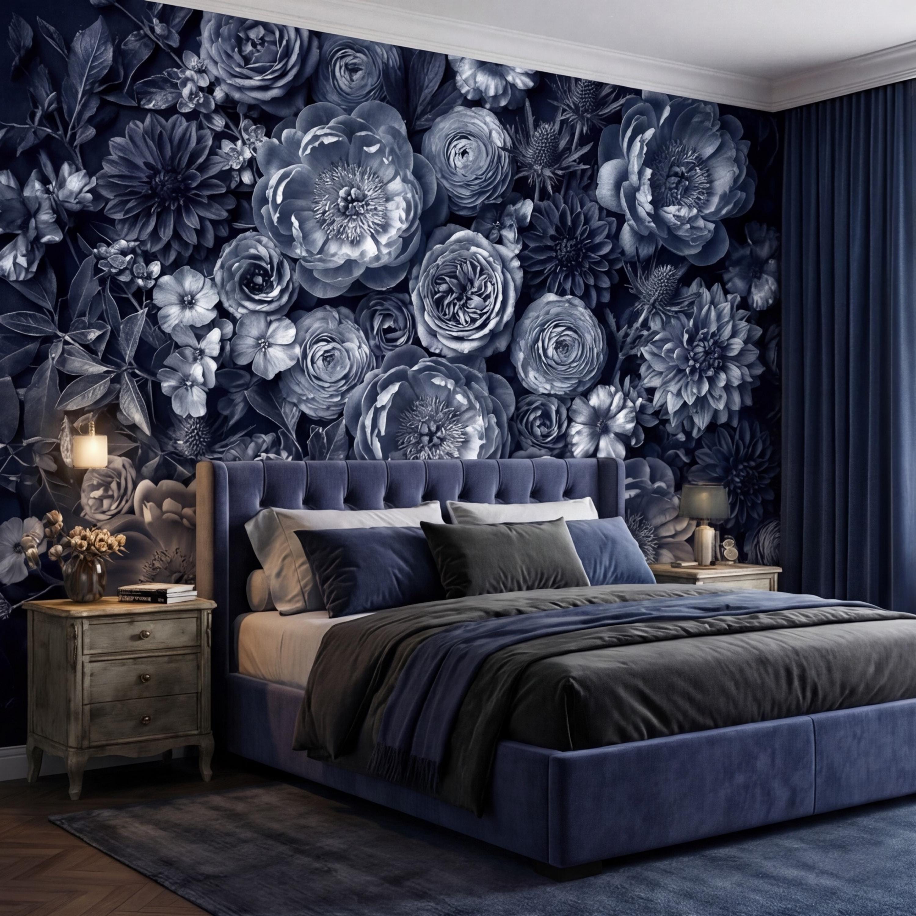 Dark Blue Floral Peel and Stick Wall Mural, Moody Monochrome Peony Rose Dahlia Wallpaper, Elegant Flower Wall Decor