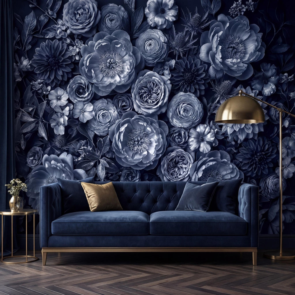Dark Blue Floral Peel and Stick Wall Mural, Moody Monochrome Peony Rose Dahlia Wallpaper, Elegant Flower Wall Decor